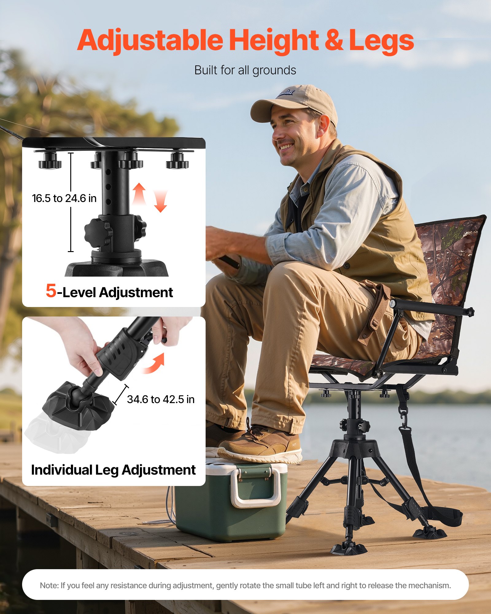 Silla de Caza Silenciosa 360°, Asiento Portátil Plegable con Blindaje, Estructura de Acero Pesada, Con Reposabrazos y Cubierta, Talones Antideslizantes, Ajuste de Altura, Capacidad para 158 kg — imagen 4