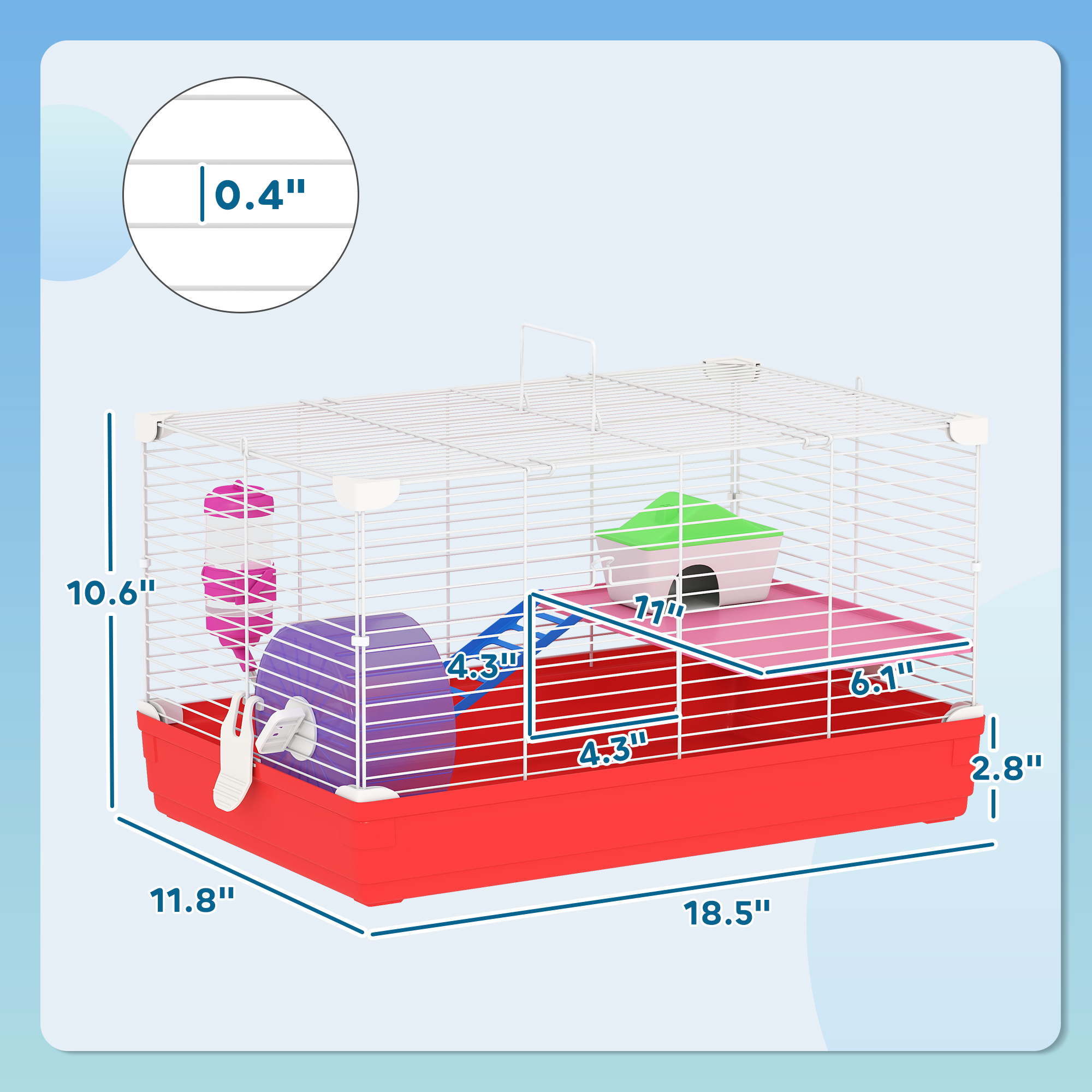 Caja para Hamsters de 46.7 cm con Rueda de Ejercicio y Botella de Agua, Plato, Casa para Ratones y Hábitat Diseño de 2 Plantas Rojo — imagen 4