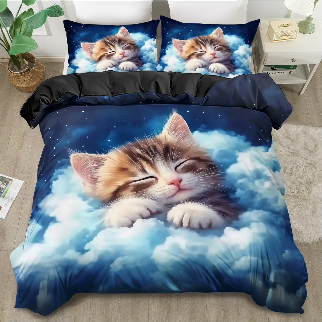 Set de Funda de Edredón de 2/3 Piezas, Juego de Funda Nórdica con Estampado de Gato Animado, Ropa de Cama Estilo King/Queen, Poliéster Lavable a Máquina — imagen 2
