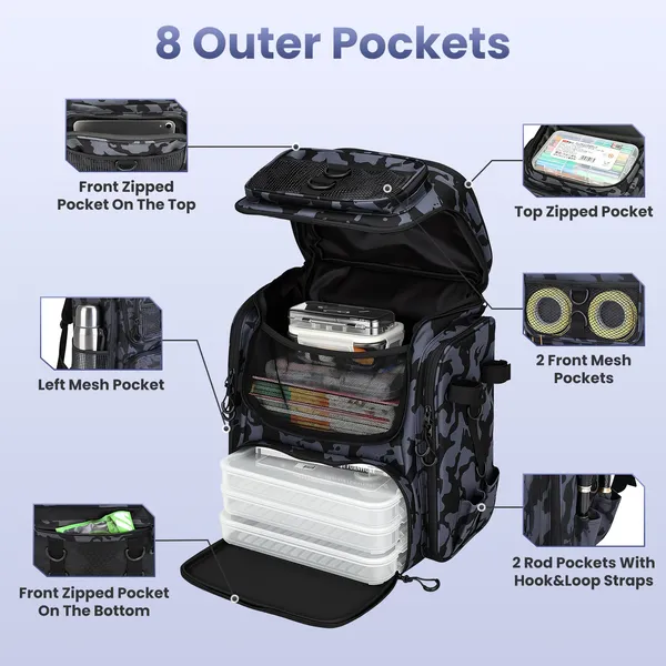 Mochila de Pesca de 11Gal, Bolsa de Almacenamiento de Aparejos de Gran Capacidad con Portacañas, 16 Bolsillos, Resistente al Agua, con Divisor y Correas Acolchadas Ajustables para Equipo de Pesca, Camping y Senderismo — imagen 4