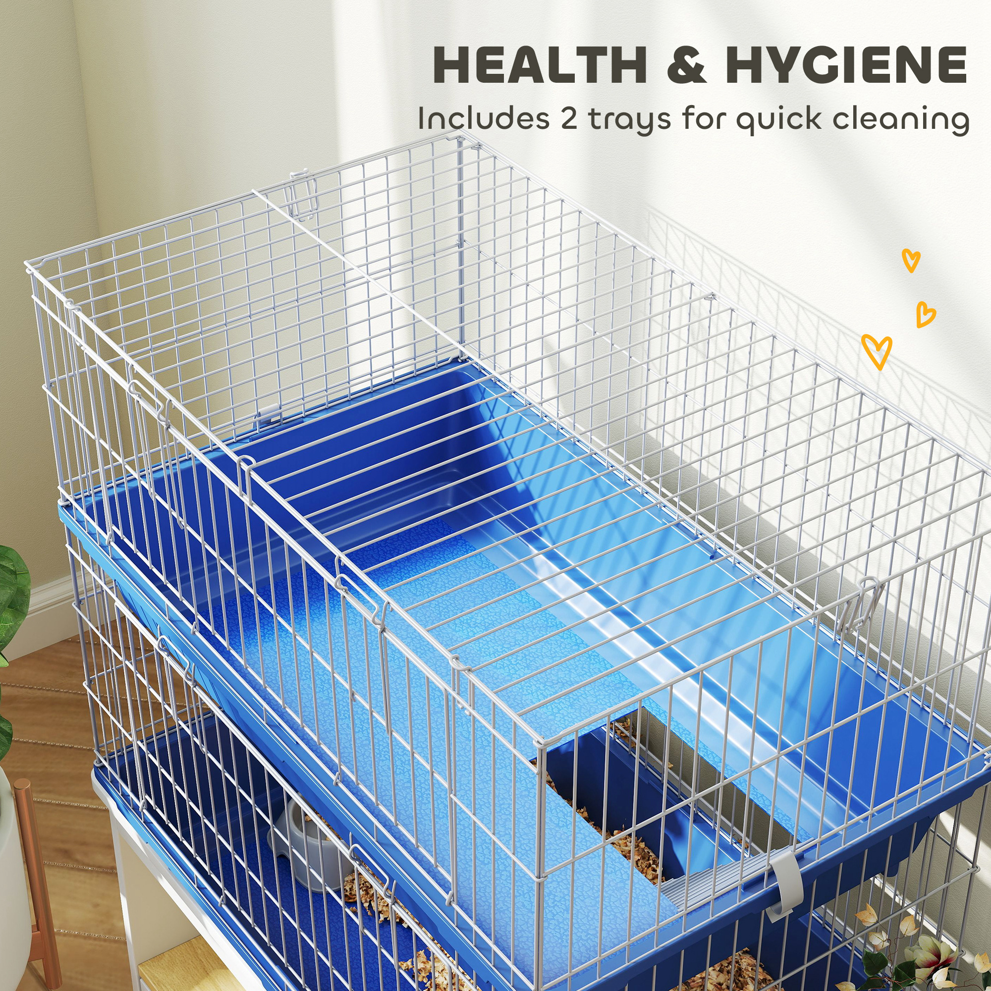 Jaula de 2 Niveles para Cobayas, Hurones, Chinchillas, Jaula para Animales Pequeños de Interior con Plato y Bebedero, 2 Puertas, Bases Profundas, Rampa, 28", Azul — imagen 3