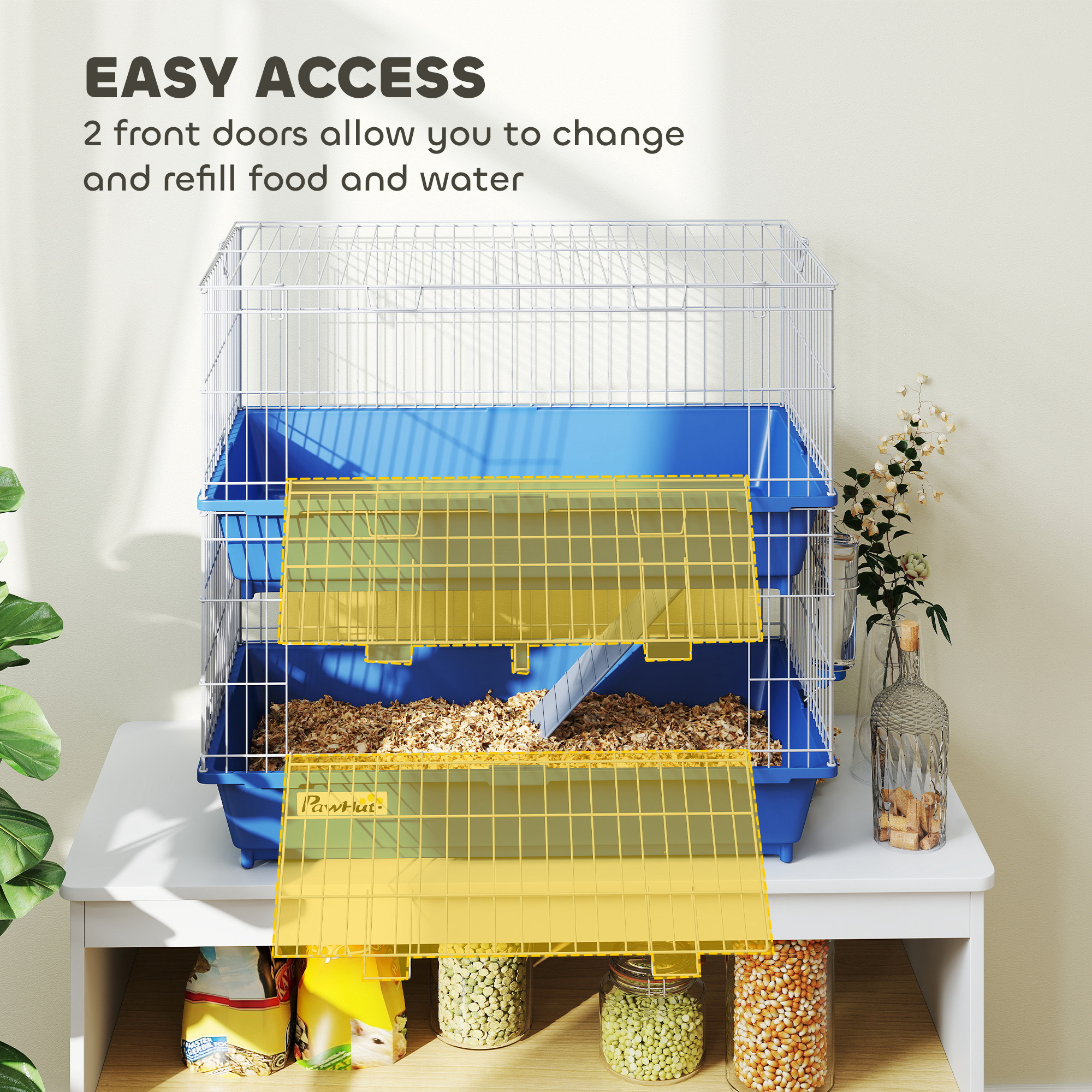 Jaula de 2 Niveles para Cobayas, Hurones, Chinchillas, Jaula para Animales Pequeños de Interior con Plato y Bebedero, 2 Puertas, Bases Profundas, Rampa, 28", Azul — imagen 6