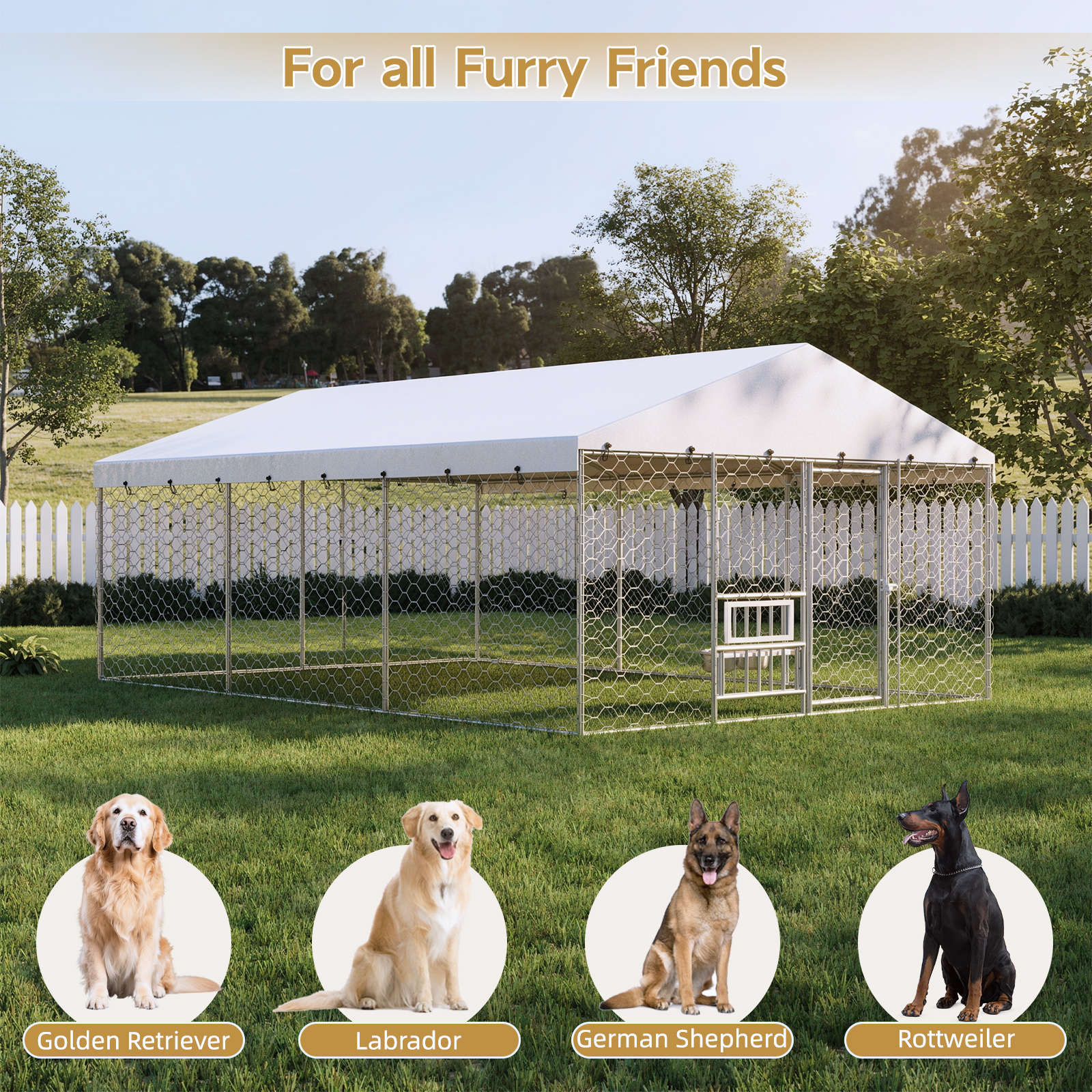Jaula al aire libre grande para perros con techo, estructura de acero galvanizado resistente, cubierta impermeable, platos de alimentación elevados integrados, jaula de juego segura y cerrada para perros grandes y múltiples animales — imagen 5
