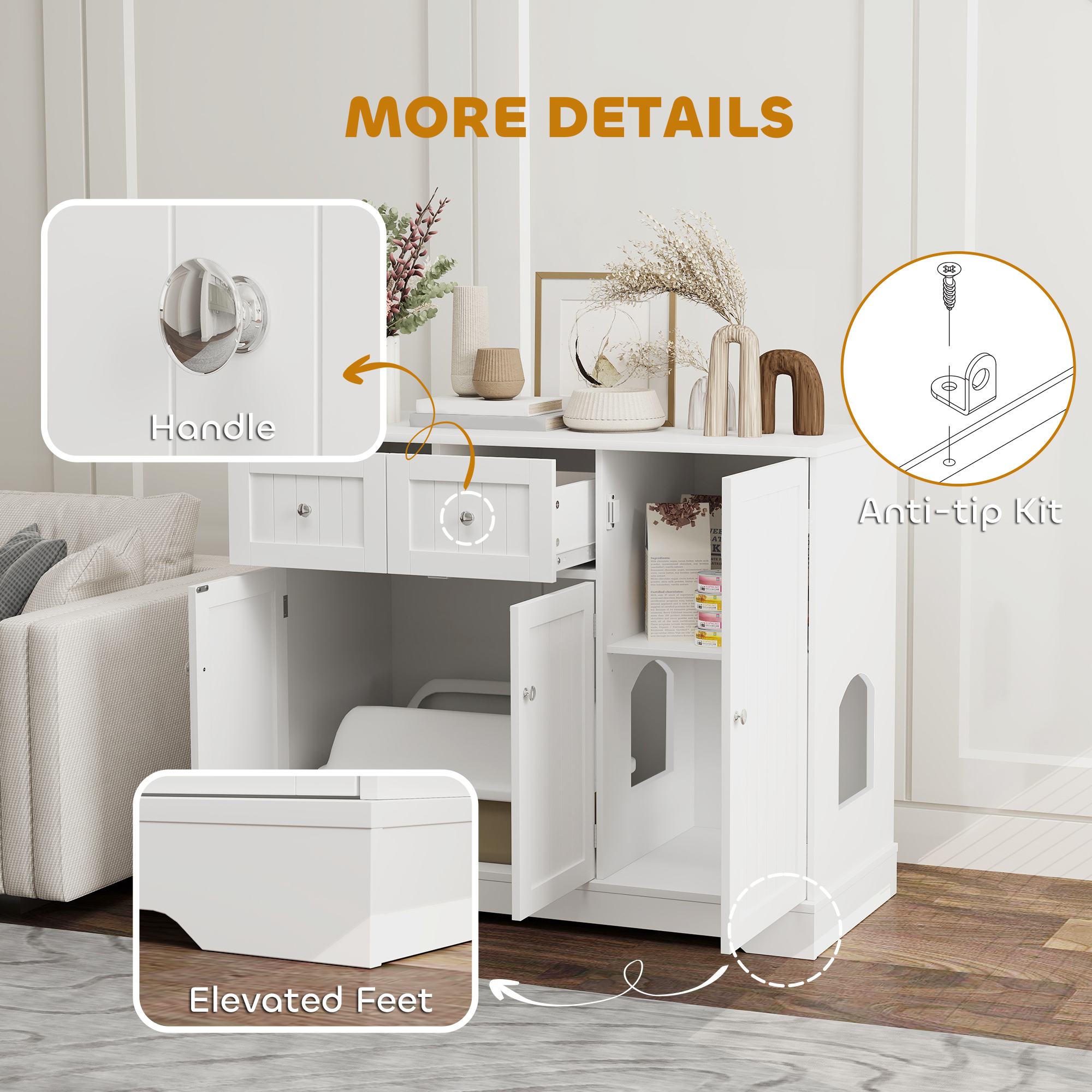 Caja de Arena para Gatos con Almacenamiento y Kit Anti-derribo, 99 cm x 46 cm x 80 cm, Blanco — imagen 7