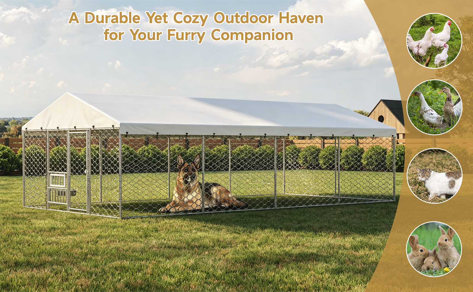 Large Outdoor Dog Kennel with Canopy, Heavy Duty Galvanized Steel Frame, Waterproof Cover, Built-in Elevated Feeding Bowls, Escape-Proof Lockable Pet Playpen for Large Dogs & Multiple Animal — image 3