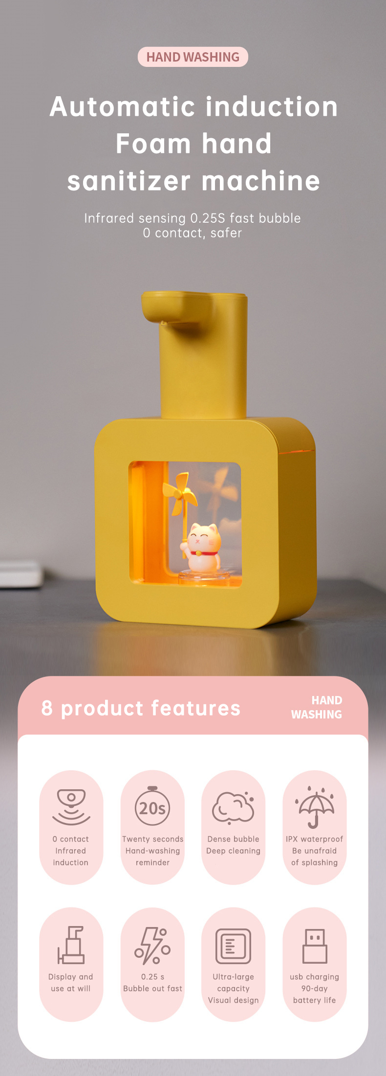 Cute Cat Rechargeable Touchless Automatic Soap Dispenser 400ml Kids foam Soap Dispenser with Night Light — image 18