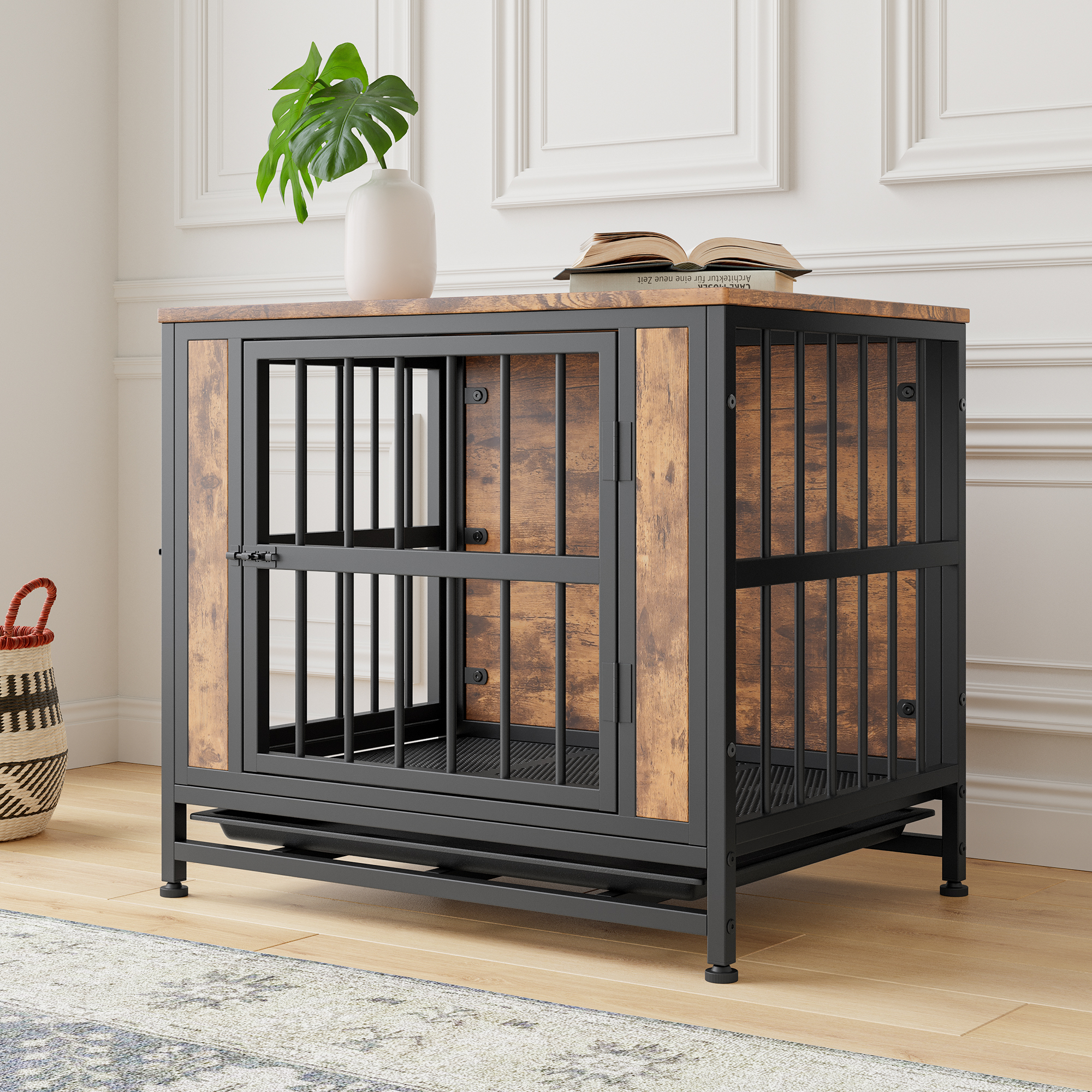 Mueble para Perro, Caja de Madera para Perros con 2 Puertas Deslizantes y Estructura de Puerta de Hierro Espesa, Casa Decorativa para Pequeños Perros para Uso Interior (Marrón Rustico) — imagen 9