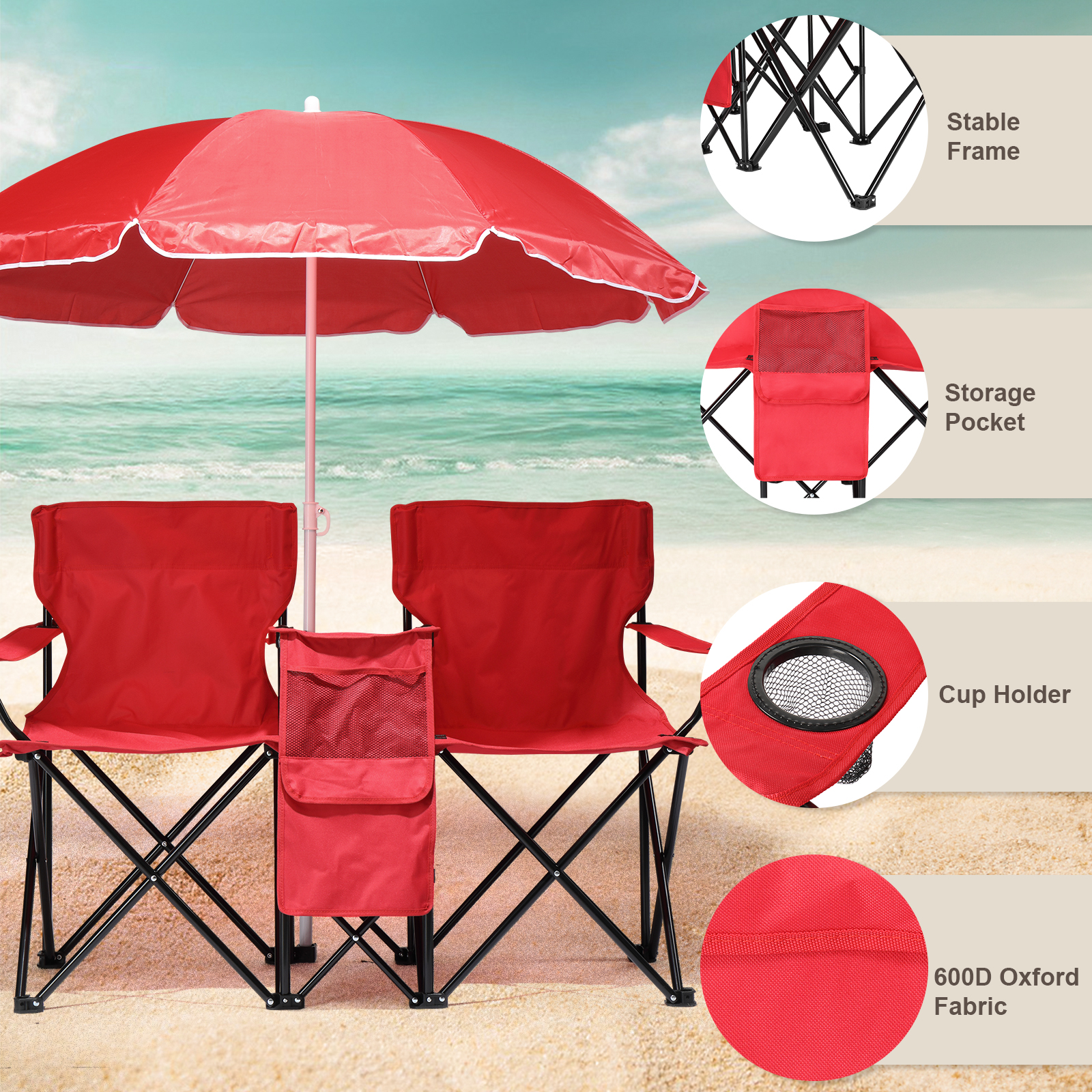 Silla de Pesca Roja con Soporte de Hierro, Malla Oxford y Paraguas Solar 85kg — imagen 3