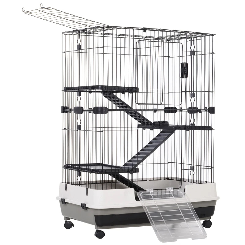 4-Level Small Animal Cage Rabbit Hutch With Universal Lockable Wheels, Slide-out Tray For Bunny, Chinchillas, Ferret, Black — imagen 8