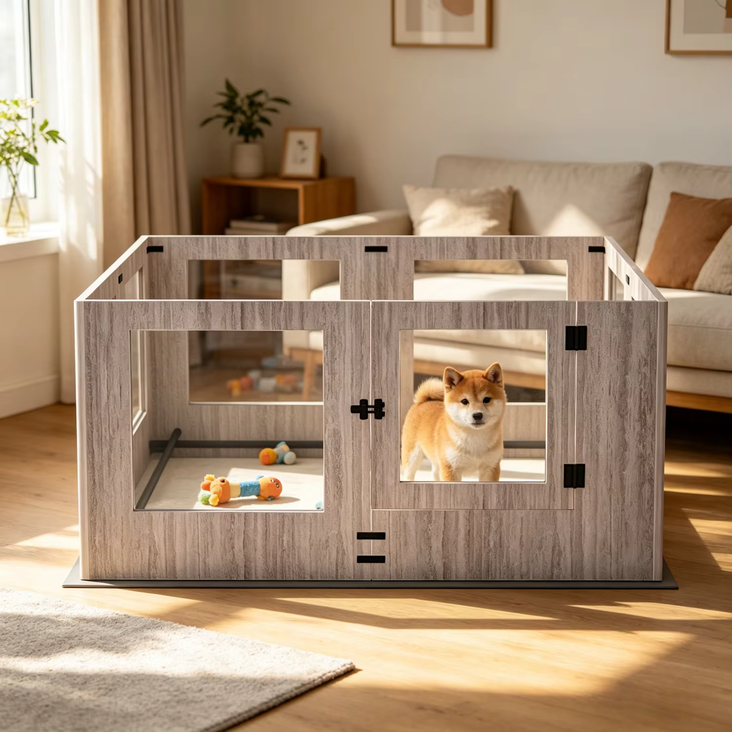 Corralito de 8 Paneles de Vidrio Templado para Cachorros, Corral de Parto para Mascotas de Interior, Jaula de Ejercicio con Almohadilla Impermeable para el Parto — imagen 2