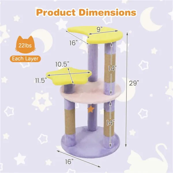 Árbol para Gatos con Luna y Estrella de 29" con 4 Niveles, Postes Rascadores de Yute y Dispositivo Antivuelco para Gatitos y Adultos - Morado — imagen 5