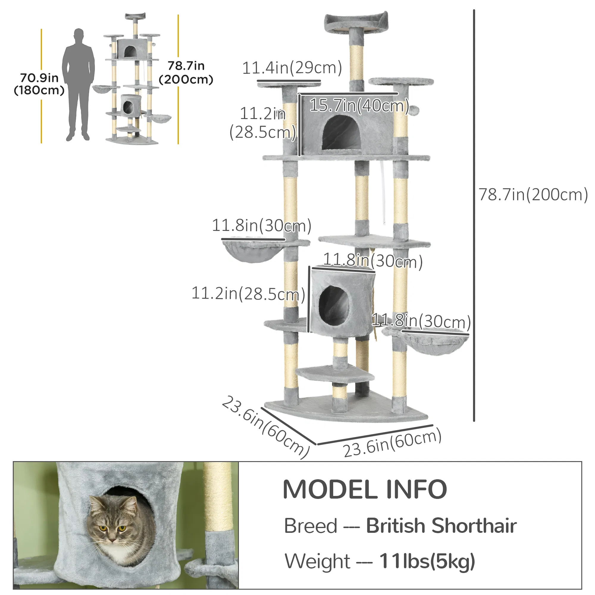 79" Cat Tree Multi-Level with Two Condos, Kitty Tower with Scratching Posts, Two Hammocks, Perches, Interactive Toys, Dark Gray — image 3