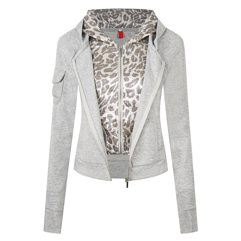Fake two leopard print hooded slim fit short jackets — image 2
