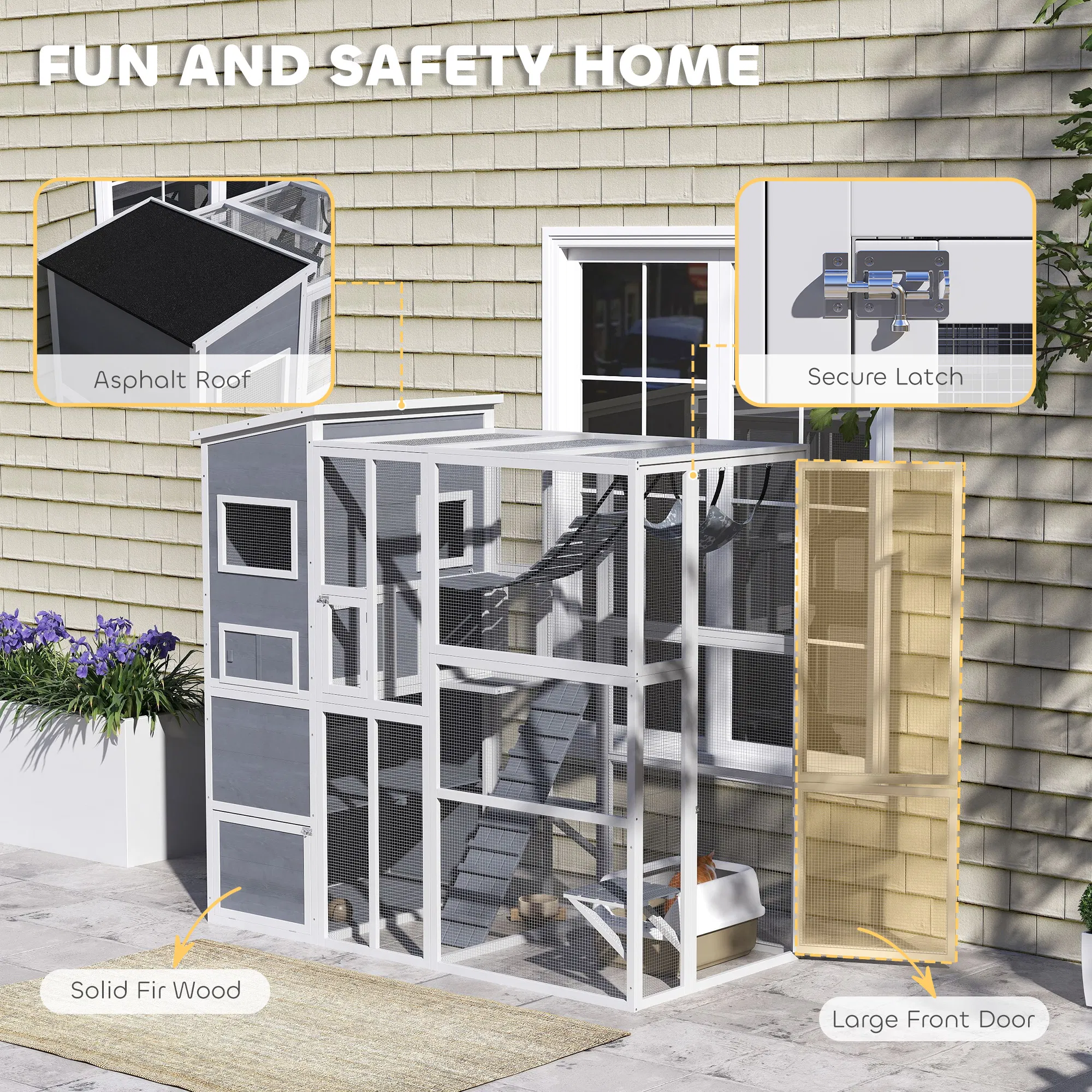 76" Catio Outdoor Cat Enclosure with Cat Condo, Jumping Platforms, Ladder, Ramps, Hammock for 2-3 Indoor Cats, Grey — image 3