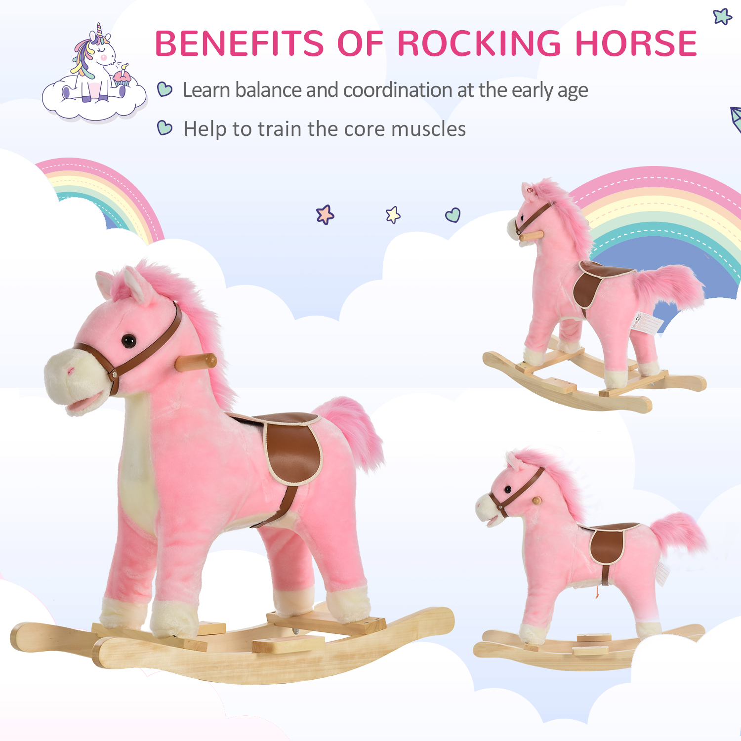 Rocking Horse Plush Animal on Wooden Rockers, Baby Rocking Chair with Sounds, Moving Mouth, Wagging Tail, Pink — image 4