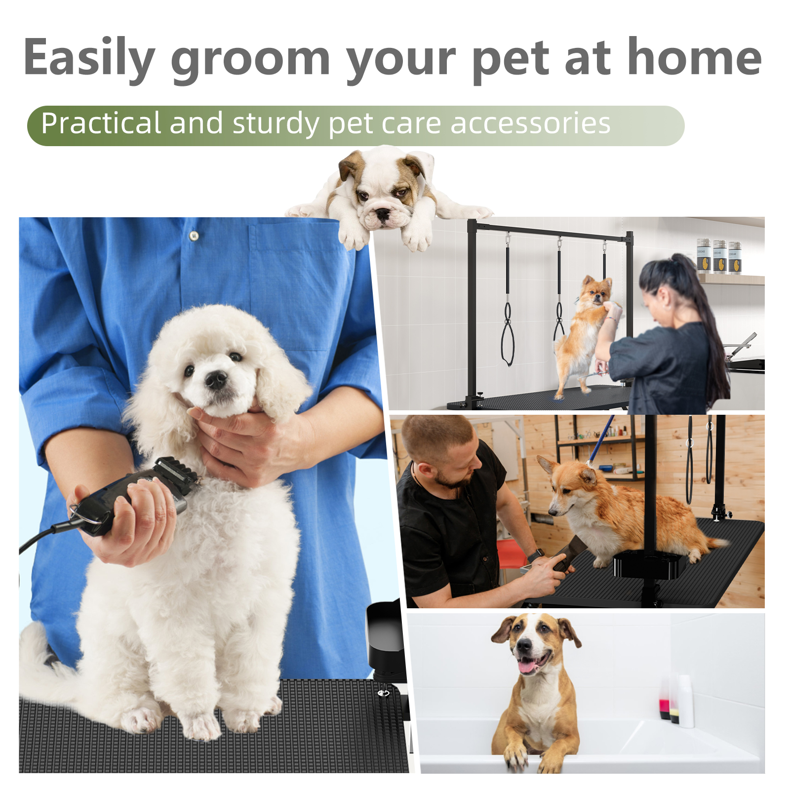 Mesa de aseo grande para perros de 47" en negro, mesa de aseo plegable X-Lift para perros en casa, brazos de altura ajustable, estación para mascotas con lazos de sujeción, organizador de herramientas — imagen 3