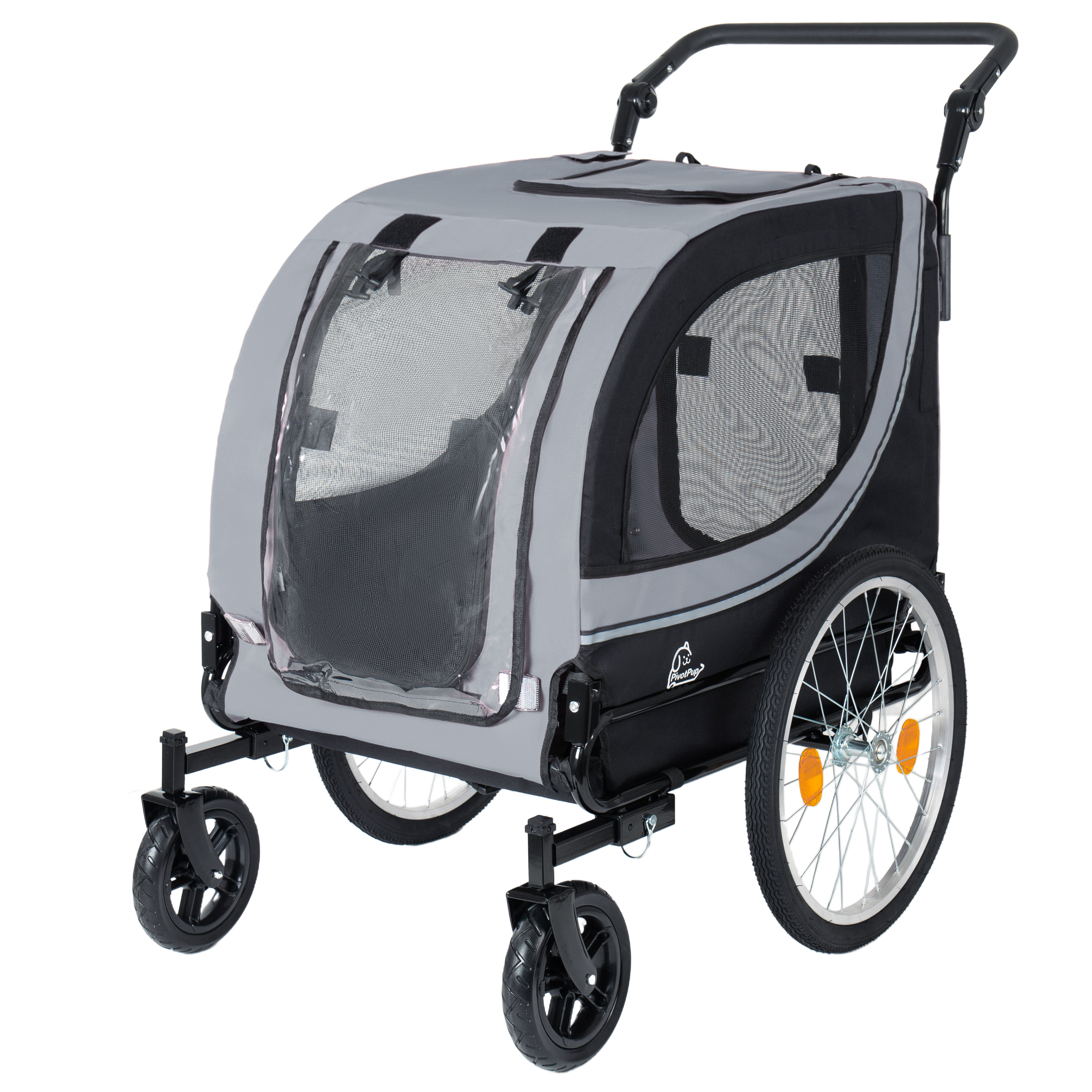 Remolque de Bicicleta y Cochecito para Mascotas 2 en 1 Para Perros de Hasta 100lbs Carrito Transportador Plegable con Dos Ruedas Delanteras de 8 y Ruedas Traseras de 20 Inflables de Liberación Rápida, Malla Transpirable y Cubierta para Lluvia de PVC, Gris — imagen 5