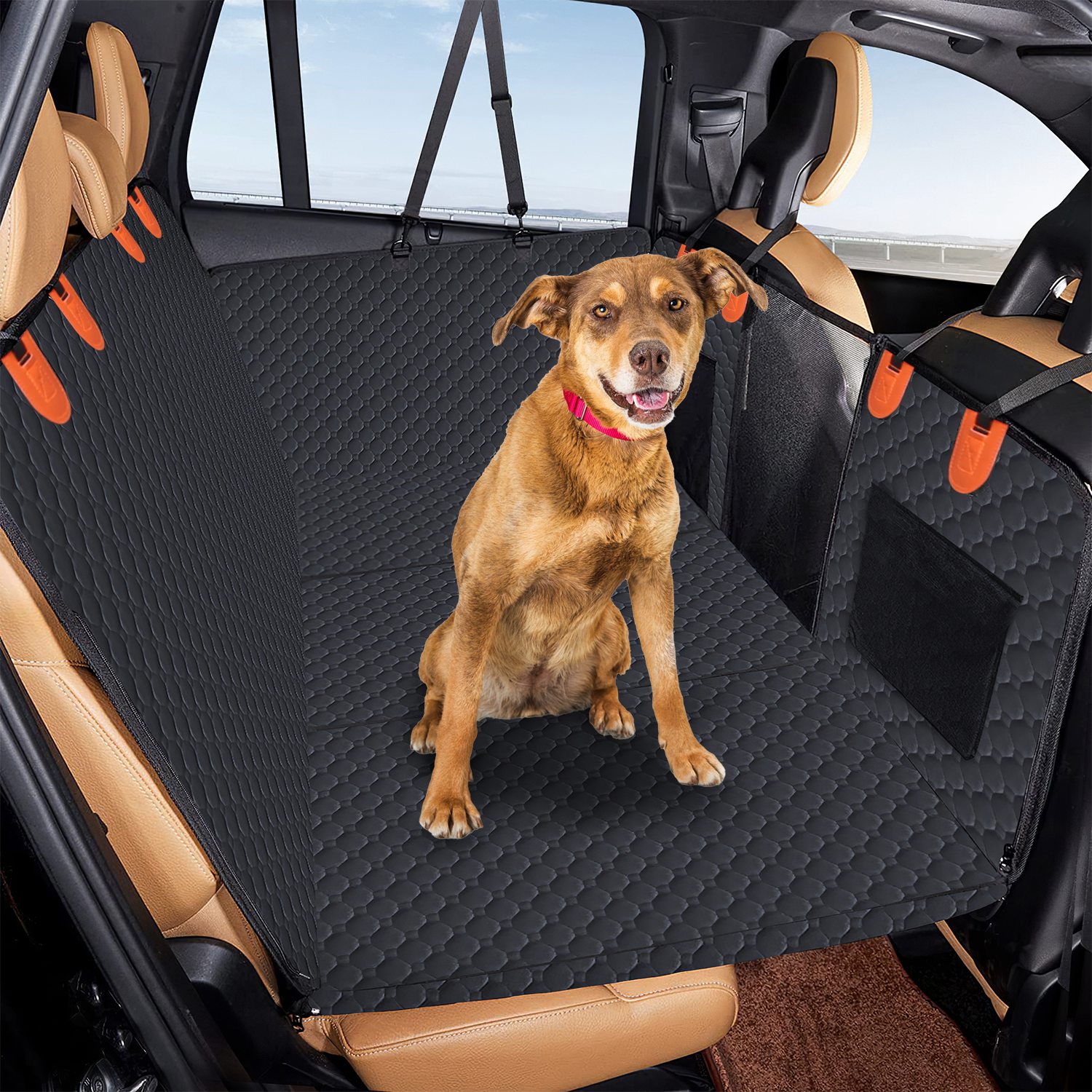 Cubierta de Asiento para Perros con Ventana de Malla y Bolsas de Almacenamiento con Cerradura, 600D Tela de Cuero de Oso Impermeable con Deslizadores para Coches, Camiones y SUVs — imagen 2