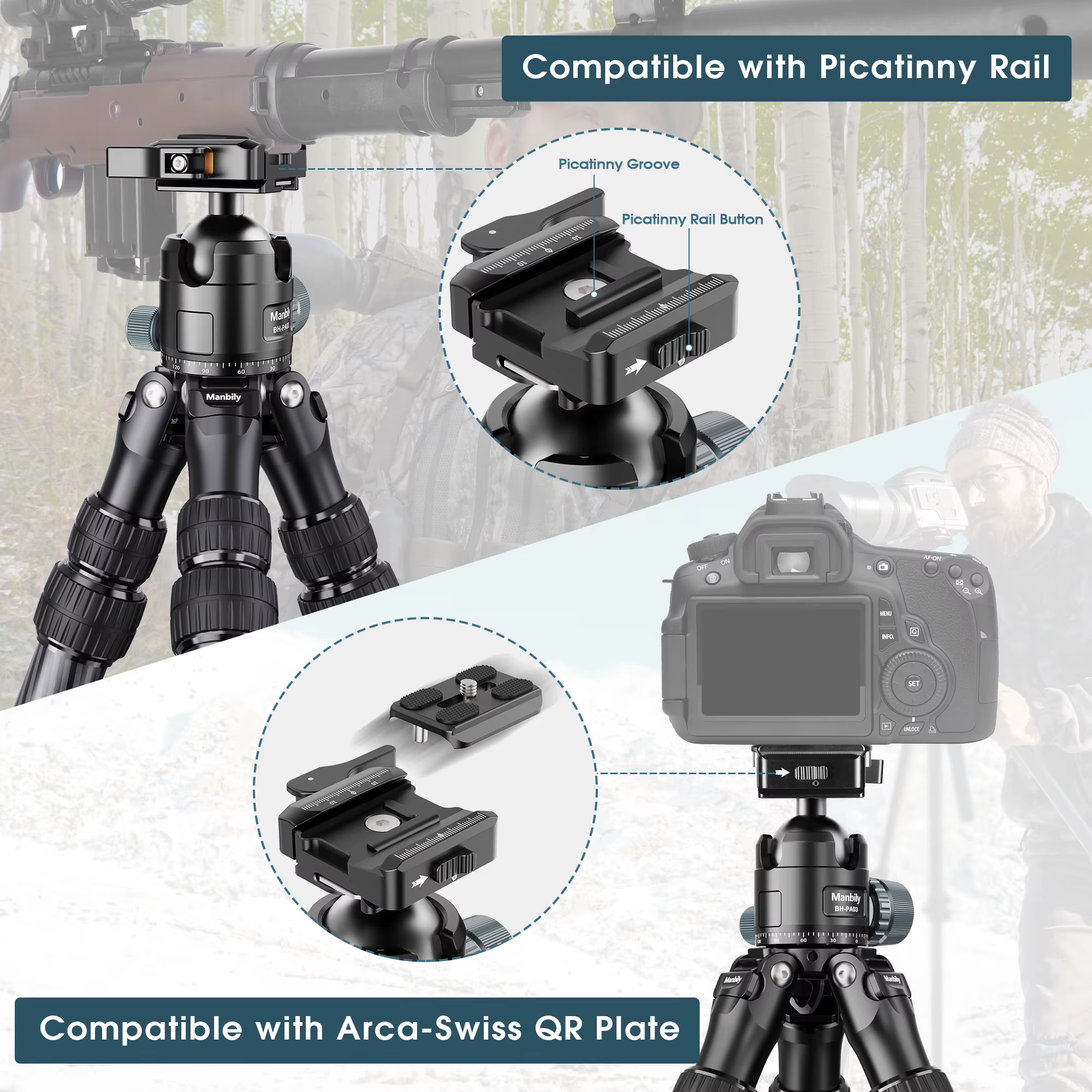 Manbily WZ2836 Carbon Fiber Hunting Tripod For Shooting Birdwatching With Heavy Duty Arca Swiss Ballhead Max 20kg 36mm Leg — image 2