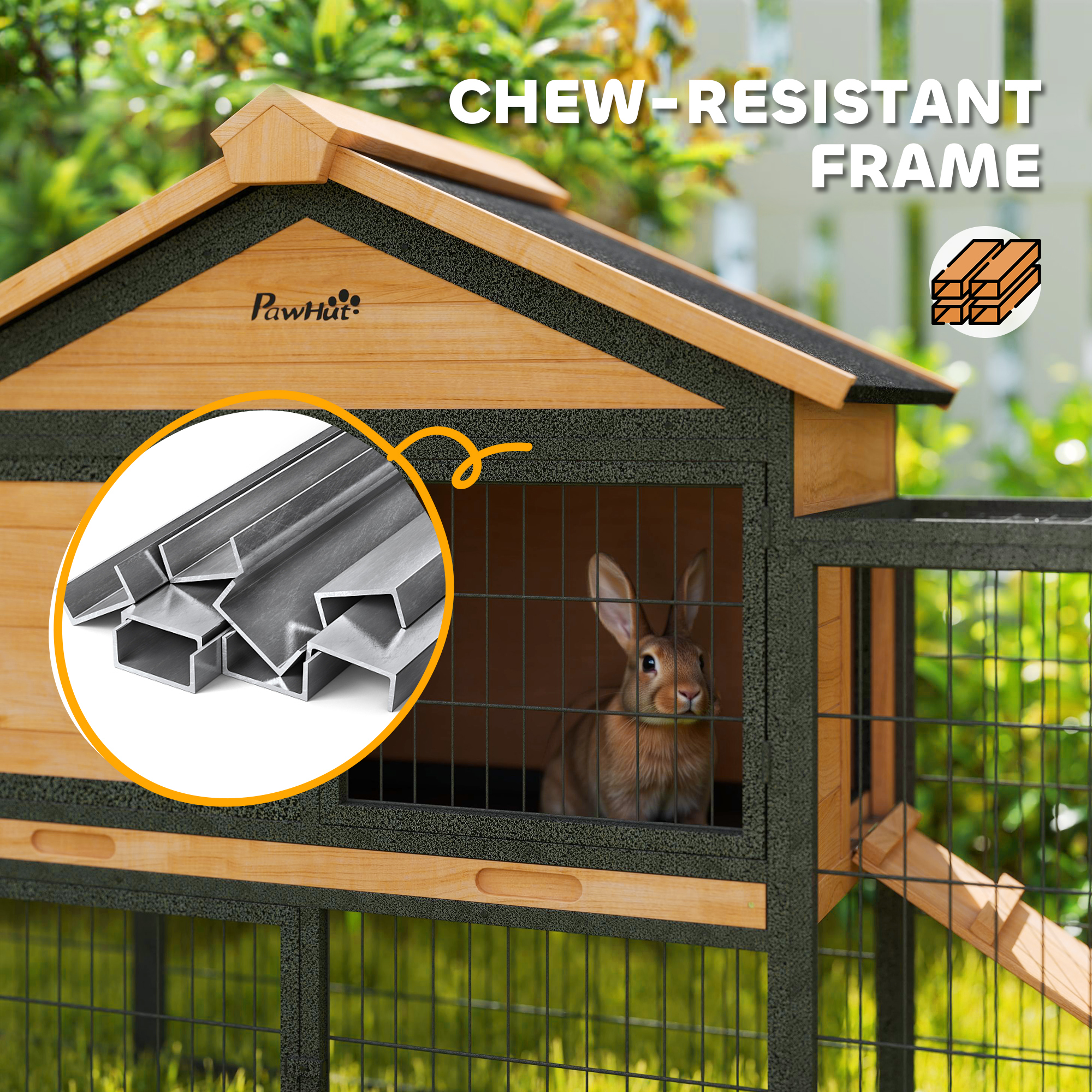 Casa para Conejos de Madera Exterior, 85" Gran Caja para Conejos con Corral de Acero, Plato Removible y Techo de Asfalto — imagen 6