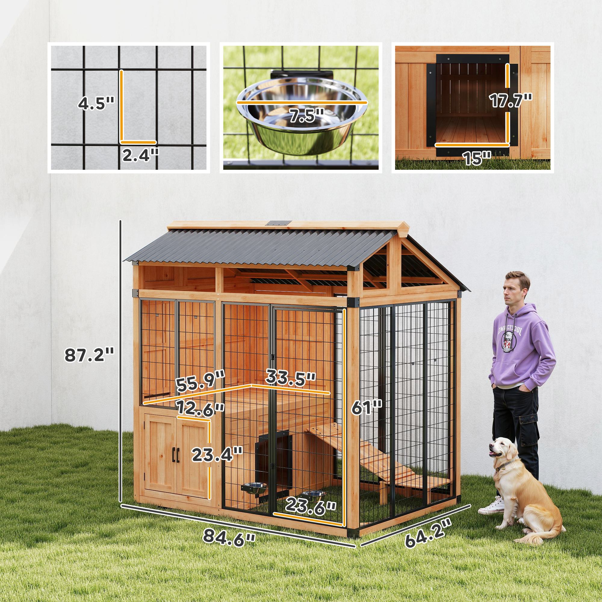 Casa para Perros Extra Grande de 7' x 5', Caseta de Madera para Exterior con Plataforma y Gabinete de Almacenamiento para Razas Grandes, Amarillo — imagen 7