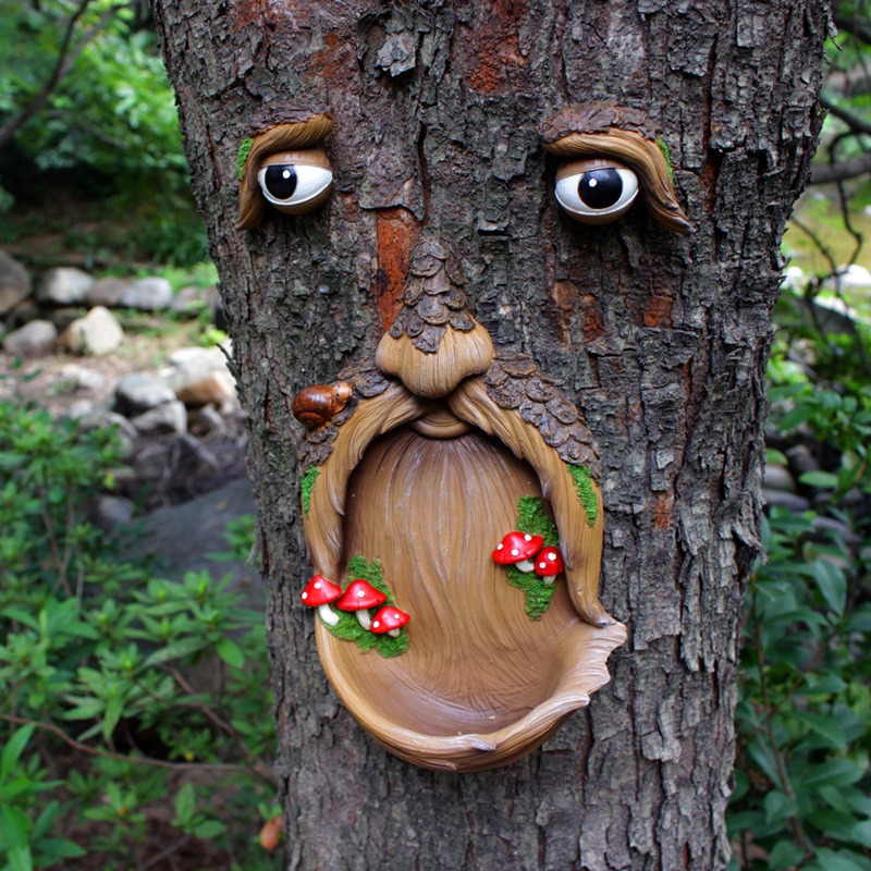 Lámpara colgante de comedero para pájaros con cara de árbol y hongos, diseño creativo de corteza de árbol, monstruo de árbol, rasgos faciales, artesanía, decoración exterior — imagen 2