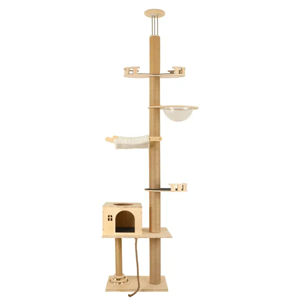 Árbol de Gatos de Piso a Techo, 6 Niveles con Altura Ajustable, Postes de Rastrillado Espesados, Centro de Actividad para Gatos con Capsula Transparente y Hammock Acogedor — imagen 2