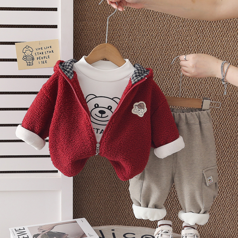 Boys Autumn Winter Fleece Lined Thickened Puppy Print Hooded 3-Piece Set Kids Clothes — image 7