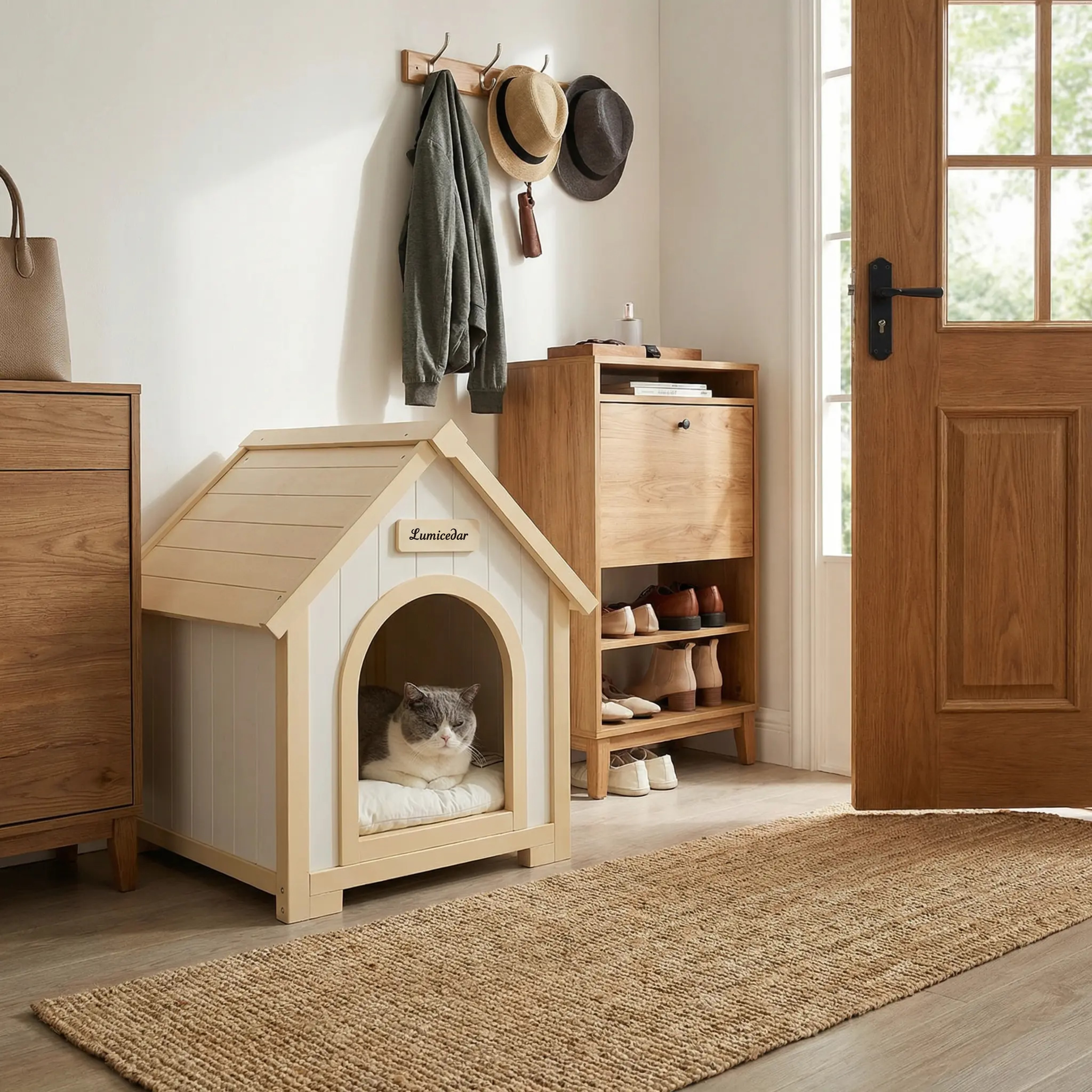 Casa de Perro Moderna en Madera para Interior con Almohadilla EVA – Casa de Animales de Ceder Solida para Pequeños Perros y Gatos — imagen 2