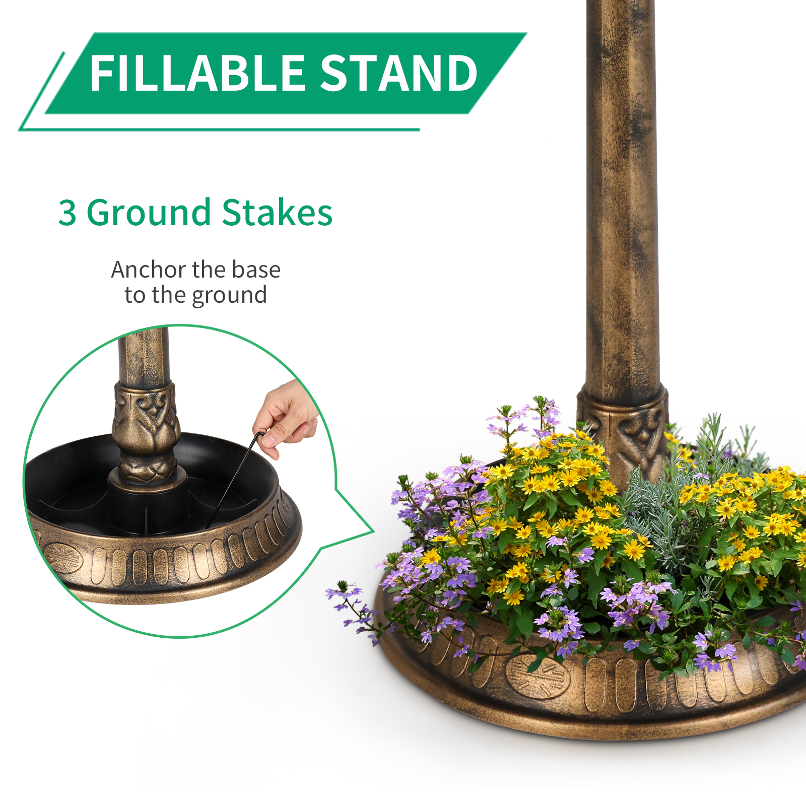 Bronze, With Solar Light, Bird Bath 51x51x106cm Plastic Round — image 5
