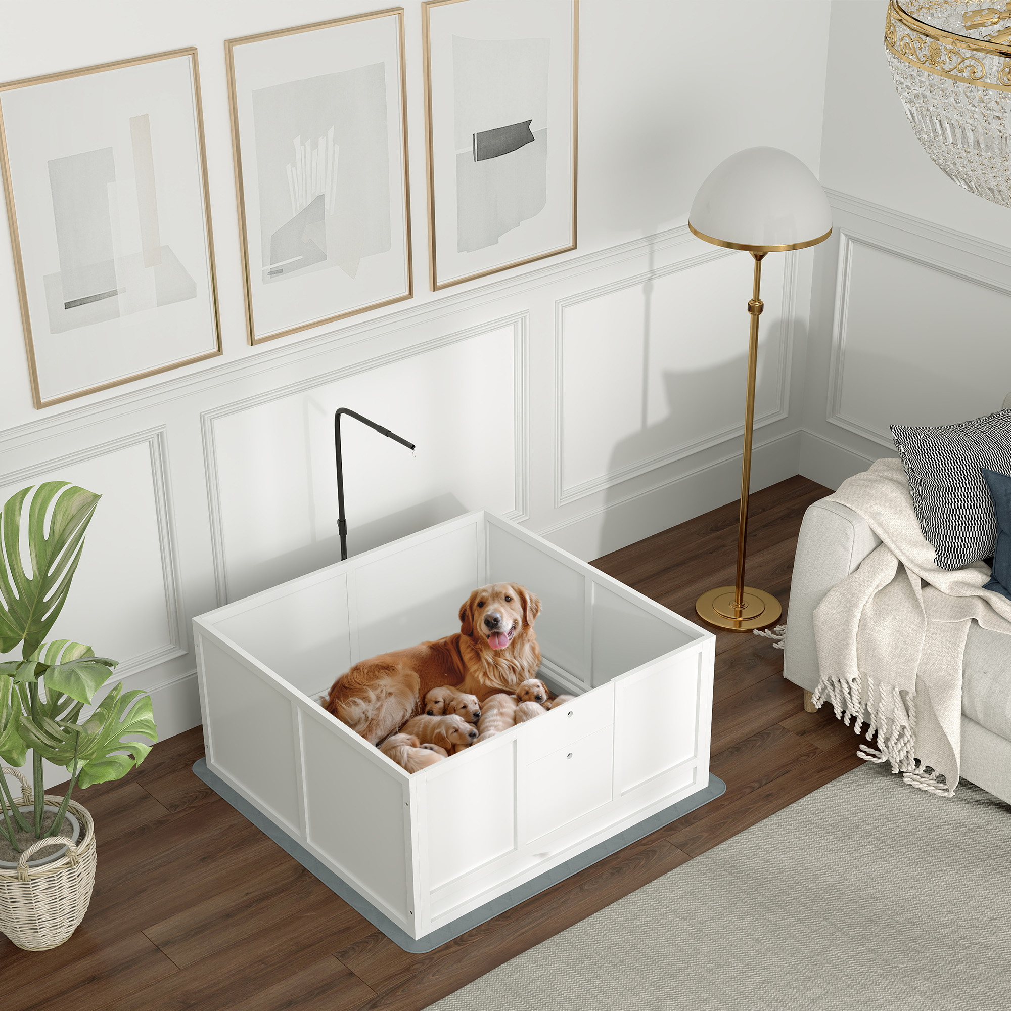 Caja de Parto para Perros con Paño de Orina, Ralla de Cerdo, Puerta Ajustable para Razas Pequeñas, Medianas y Grandes Nacimiento, 41" x 39" — imagen 1