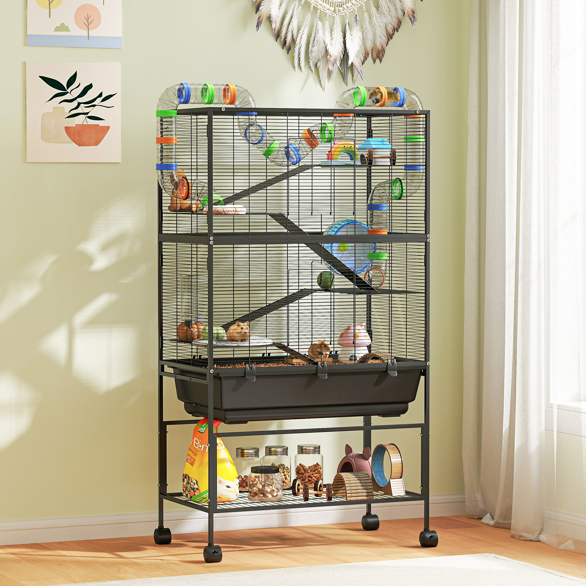 5 Tier Hamster Cage, Rolling Rat Cage With Deep Tray, Storage Shelf, Big Exercise Wheel, Hut, Tube System — image 2
