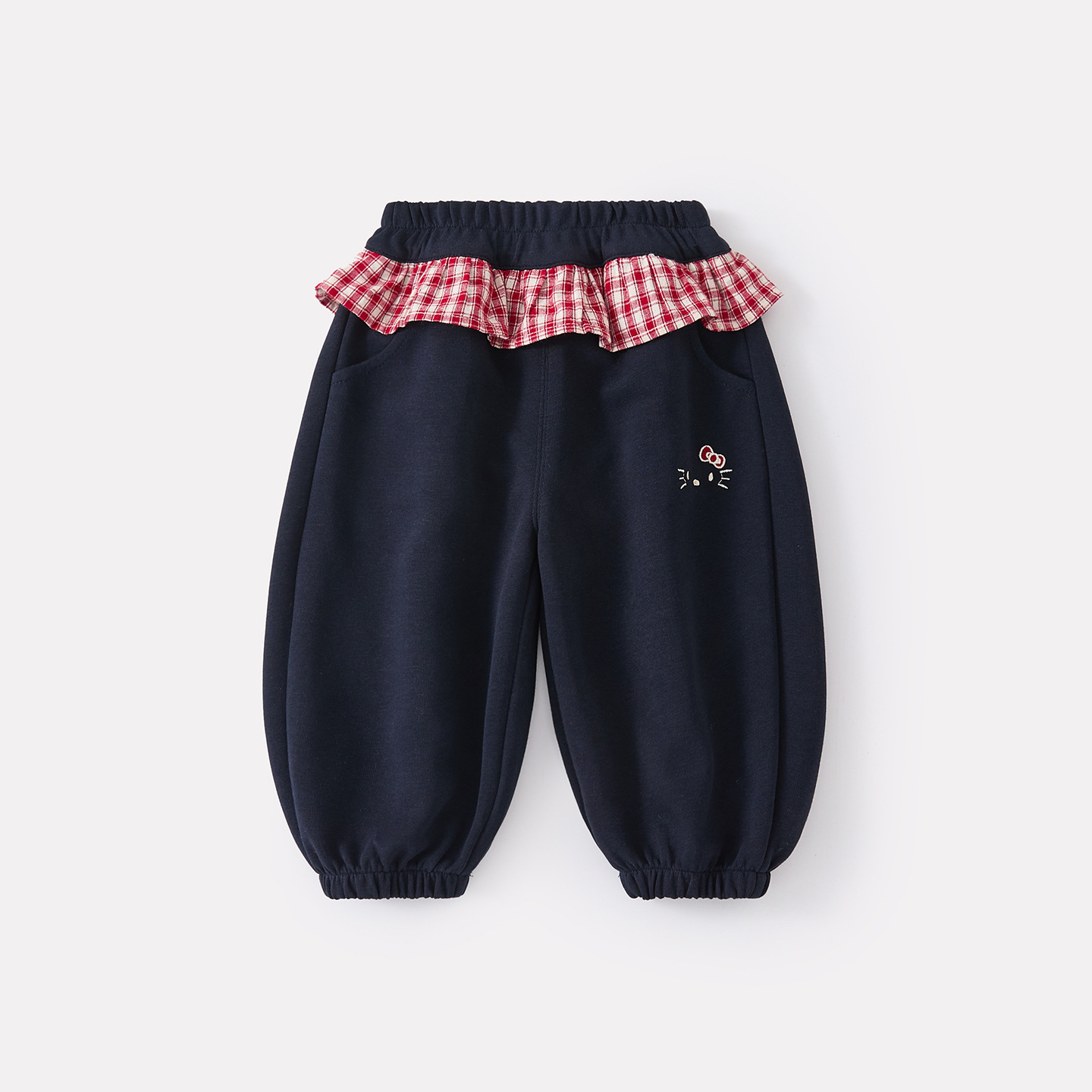Cute Cartoon Cat Plaid Knit Pants for Toddlers, Stylish and Versatile Casual Trousers with Lace Trim — image 1