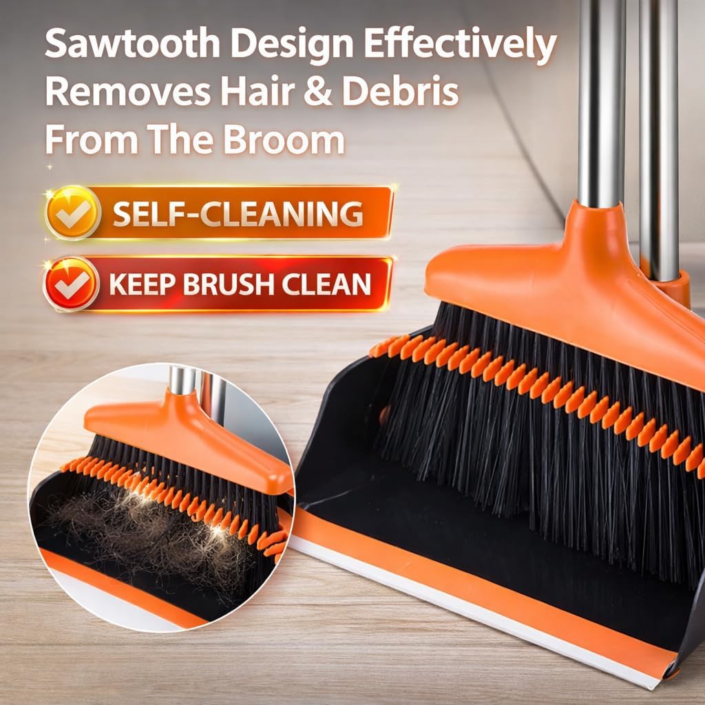 Long Handle Broom And Dustpan Set, Upright Self-Cleaning Combo With Windproof Dustpan And 6 Bonus Tools For Pet Hair Cleaning — image 3