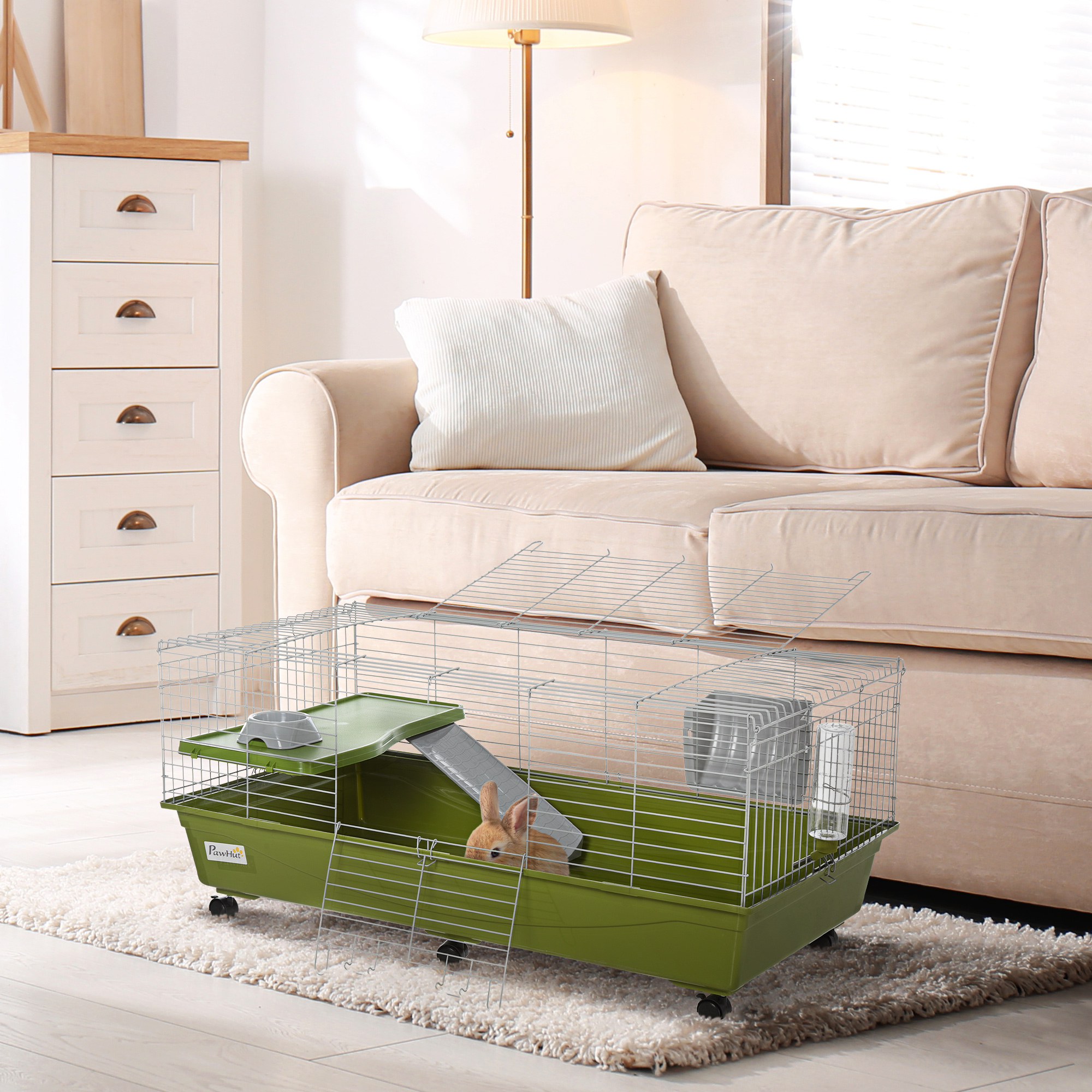 Jaula de 47" para Animales Pequeños, Conejera para Chinchilla y Cuyo, Casa para Mascotas con Plataforma, Rampa, Plato de Comida, Ruedas y Botella de Agua — imagen 4