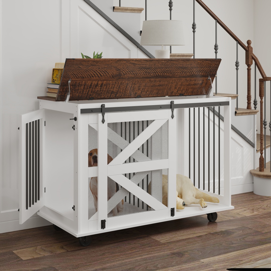 47.2 Mobile Dog Crate With Flip-Top Feeding Door, Dual-Access & 5 Caster System 2 Locking, Side Hooks - Multi-Functional Pet Kennel, double Dog Crate Furniture — image 5