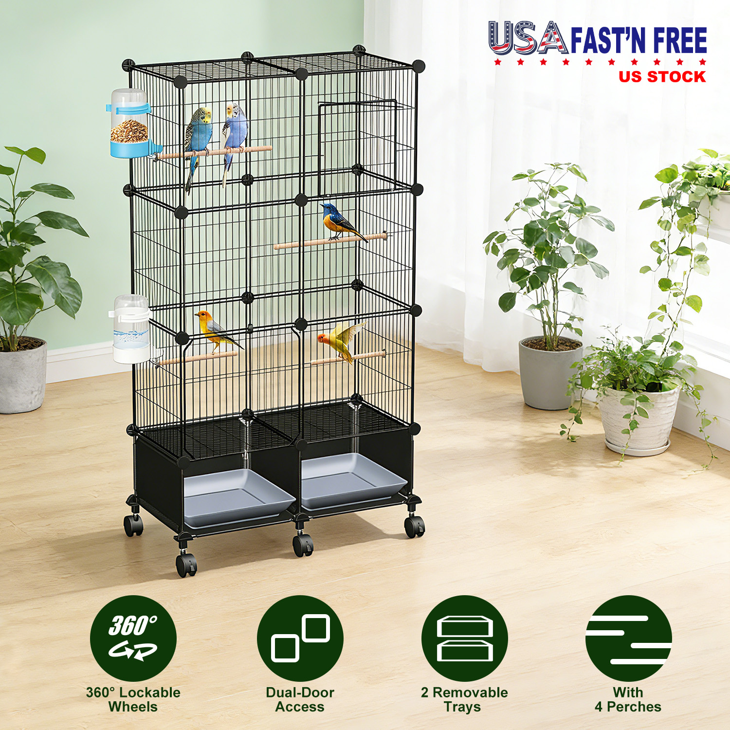 Casa para Pájaros Grande con 4 Perchas de Madera, 2 Botellas de Agua y Accesorios Complejos para Canarios, Loros, Amazónidas y Aves Pequeñas a Mediano Tamaño — imagen 9