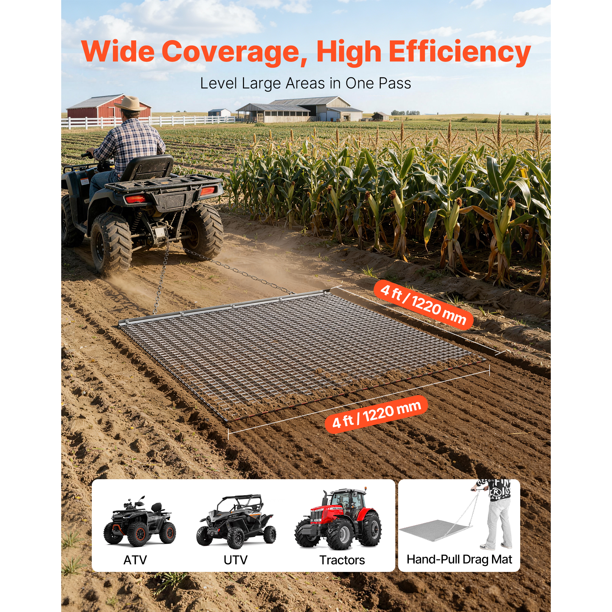 Drag Harrow, 4 X 4 Ft, High-Efficiency Chain Harrow Rake, ATVs UTVs Tractors Attachments, Durable Galvanized Steel Mesh Drag Mat With Towing Chain, For Gravel Driveway Ruts Farm Field Leveling — imagen 4