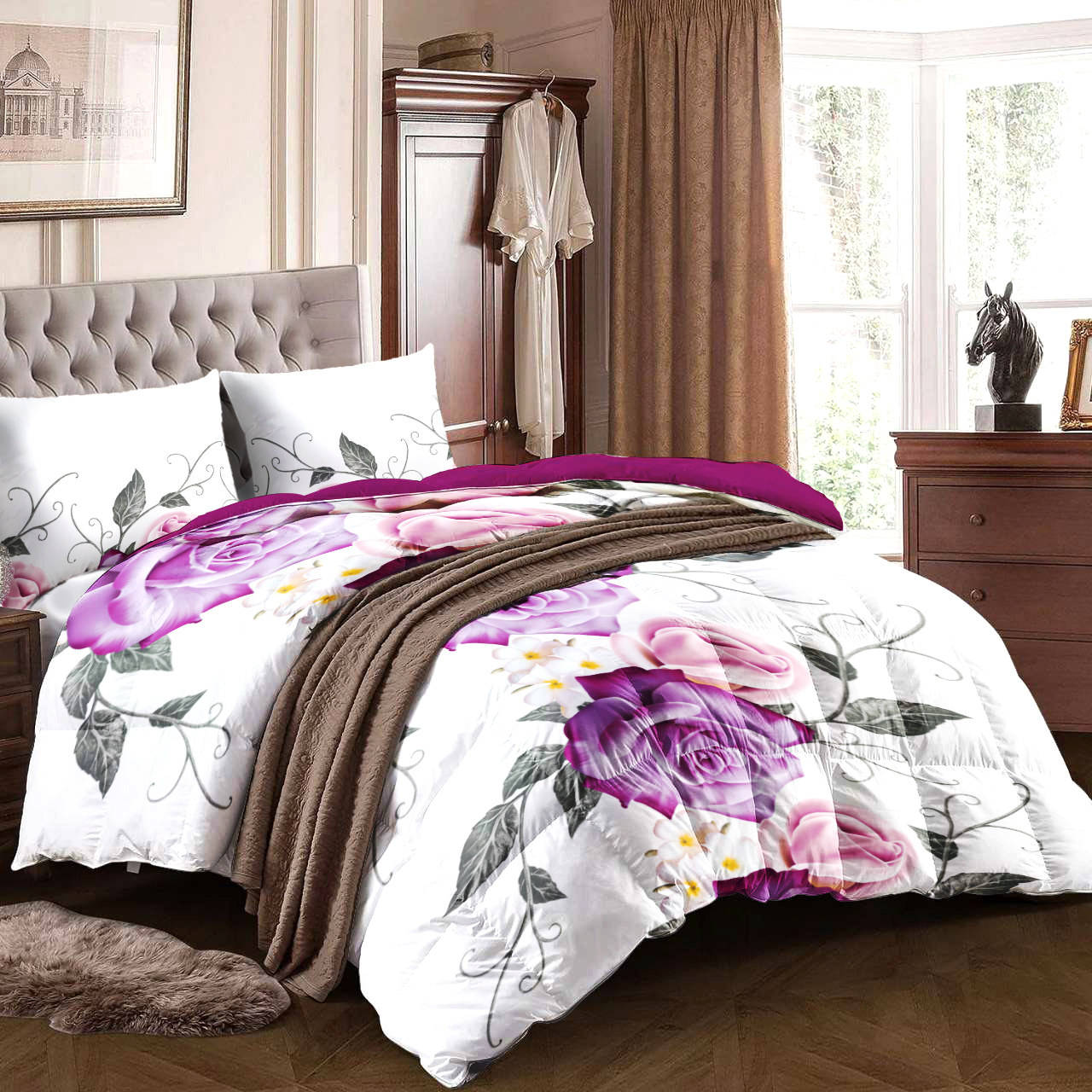 Set de Edredón y Cortinas de 9 Piezas 'Habitación en una Bolsa', Diseño Americano con Estampado Floral de Rosas Magenta y Morado Intenso, Colcha Gruesa con 6 Paneles de Cortina Personalizables, Apto para Mascotas de Alto Gramaje — imagen 16