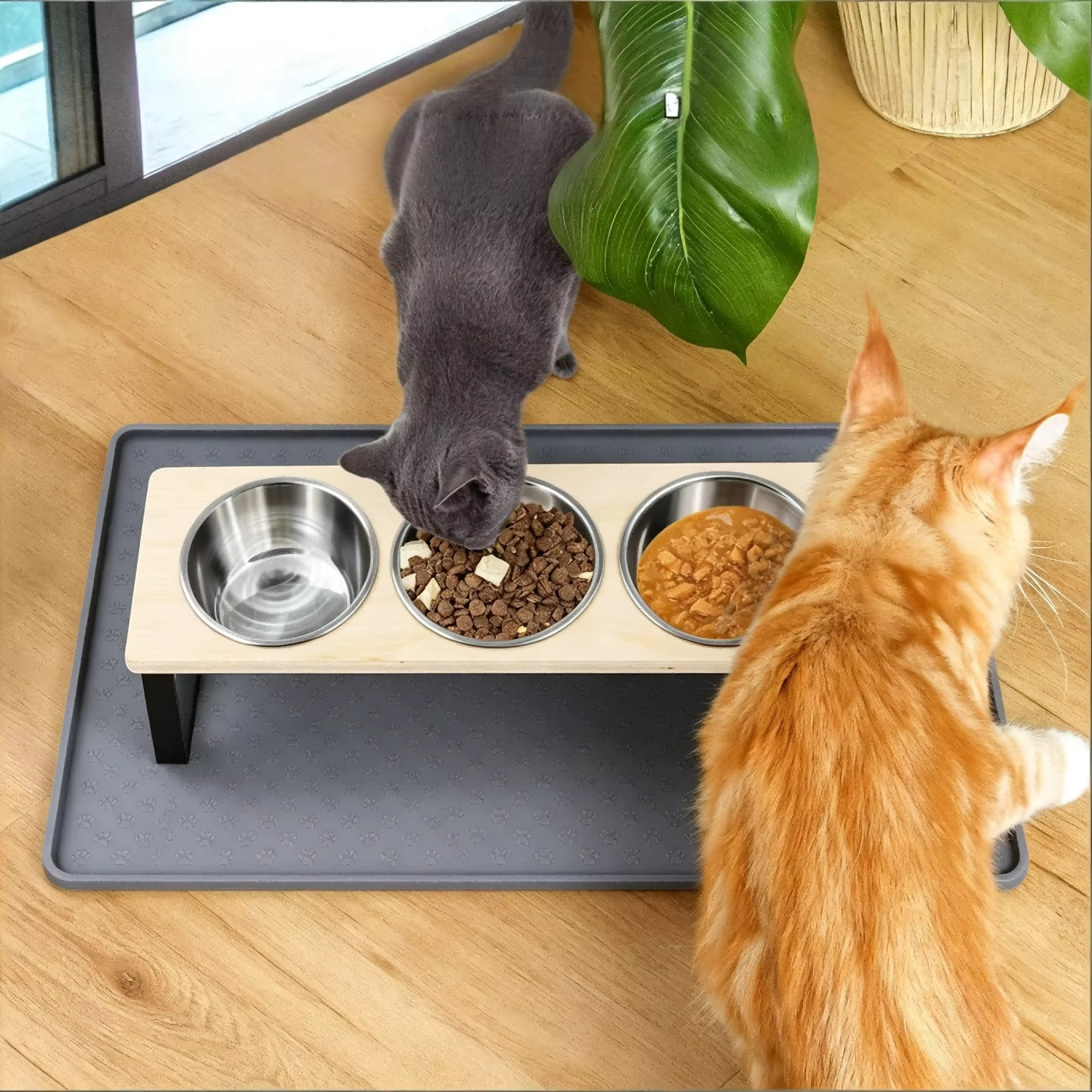 3 Bowls Elevated Cat Feeder 15° Tilted Bamboo Iron Stand Stainless Steel Pet Food Water Bowls Waterproof Anti-slip Silicone Feeding Mat for Kittens Puppies — image 7