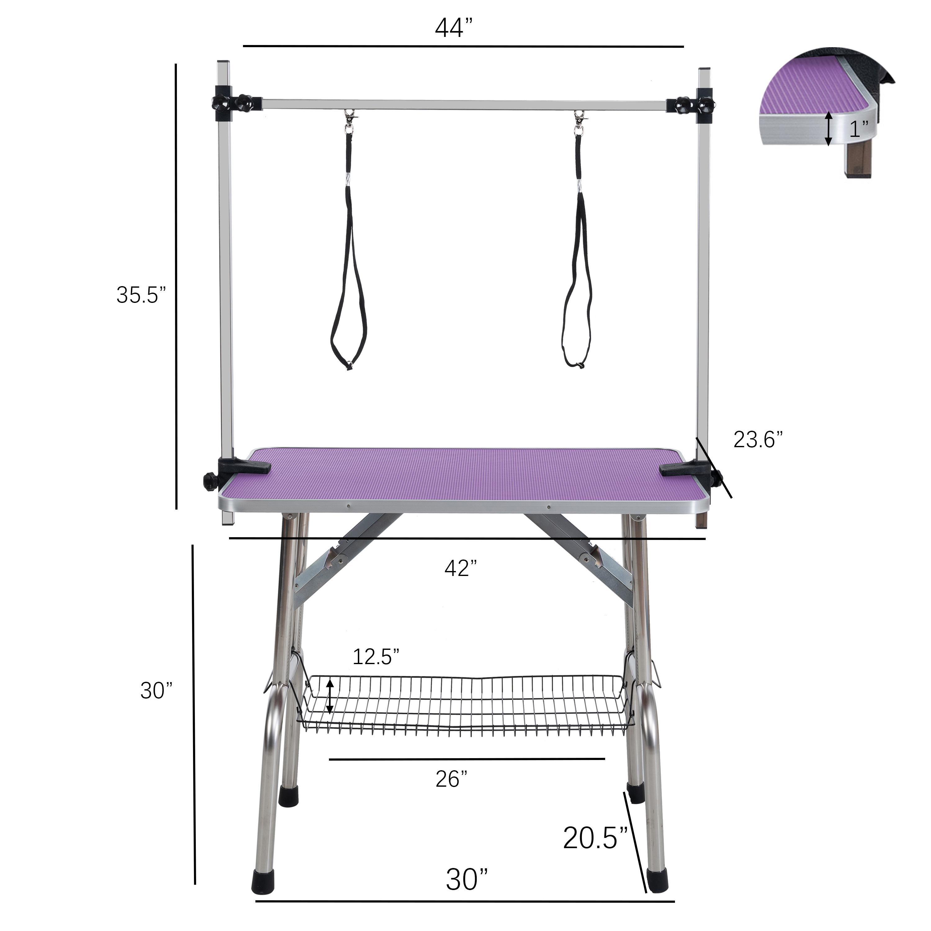 Mesa de Aseo Plegable de 42" para Perros y Mascotas, Marco de Acero Inoxidable, Tapete de Goma en la Tabla, con Brazo Ajustable y Sujetadores, Mesa de Aseo para Perros y Gatos, Color Morado — imagen 4