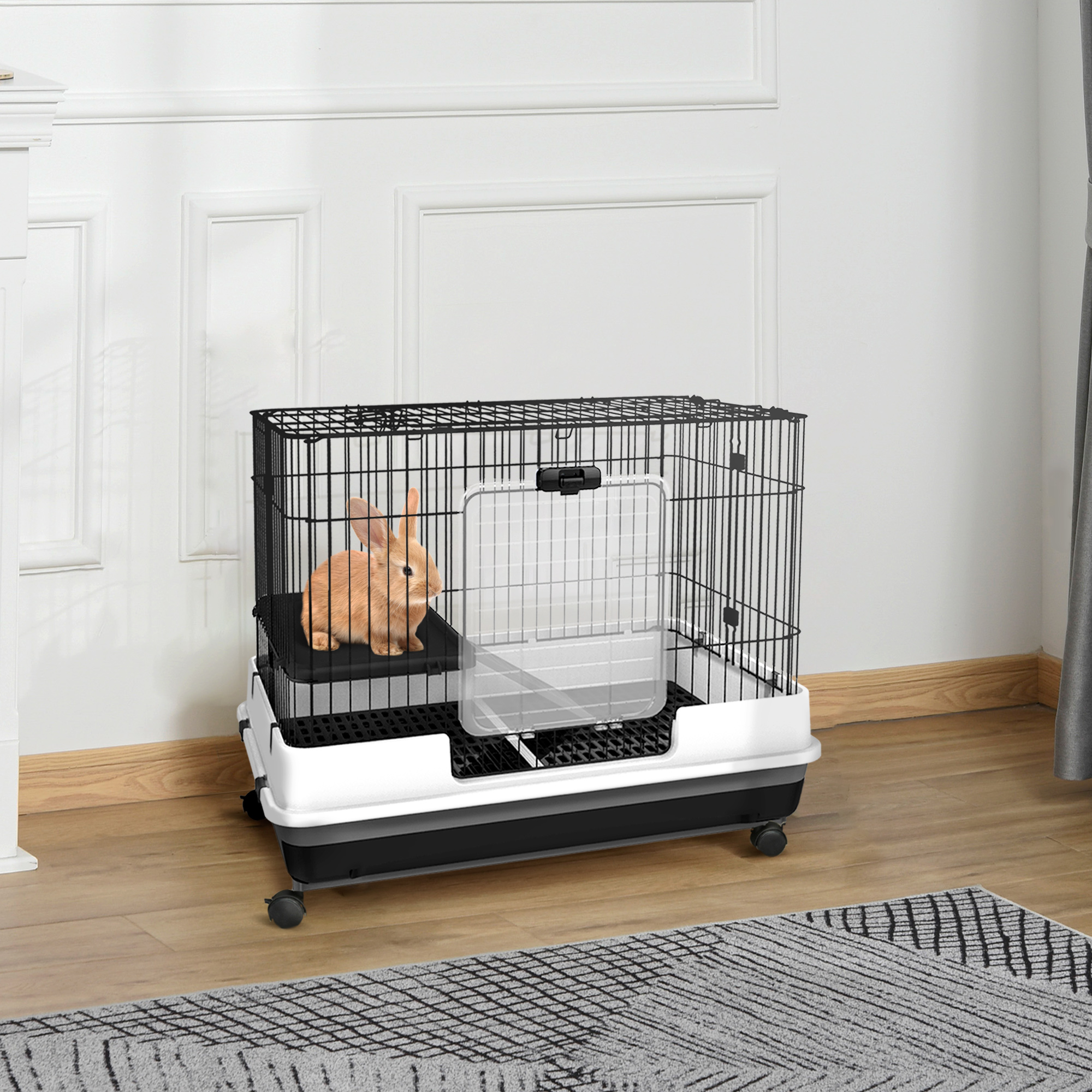 Jaula para Animales Pequeños de 2 Niveles, Conejera con Ruedas, Bandeja Removible, Plataforma y Rampa Para Conejos, Chinchillas, Hurones, Negro — imagen 8