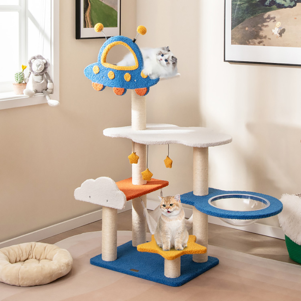Rascador para Gatos Alto con Percha Superior en Forma de OVNI, Cápsula Espacial y Postes Rascadores de Sisal — imagen 1