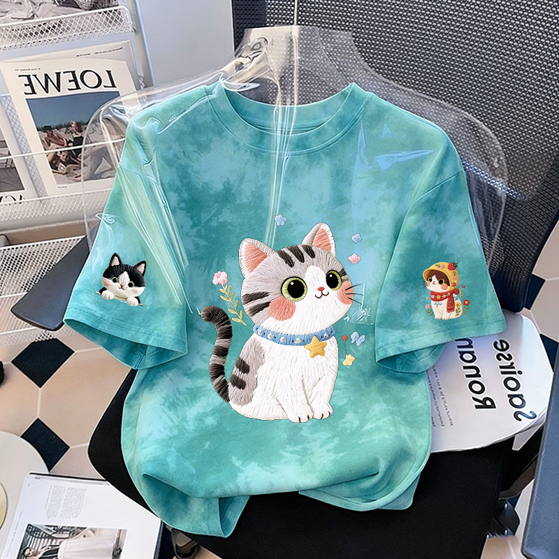 Girls' Short Sleeve T-Shirt Cat Print Casual Top — image 17