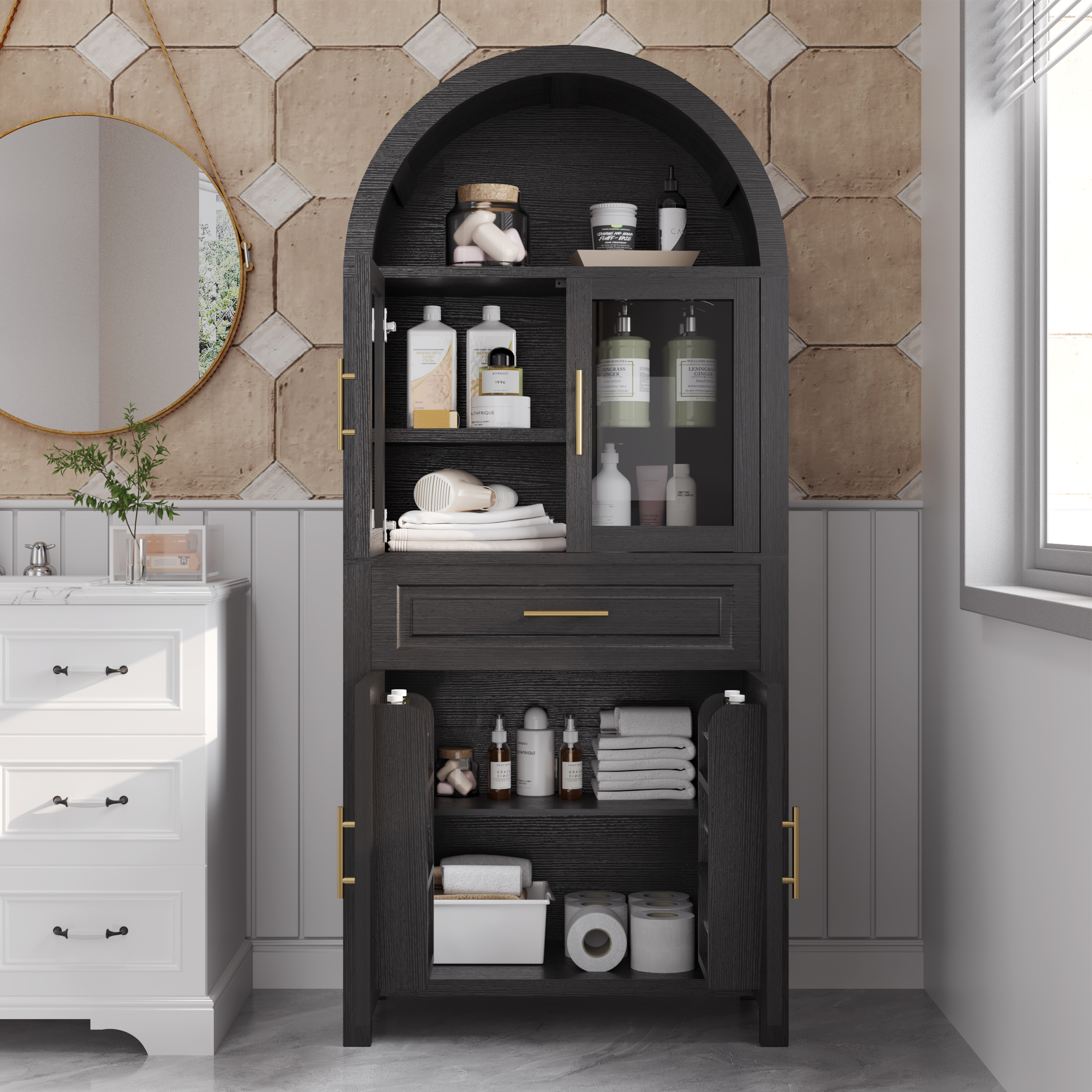 Cajón de Almacenamiento de Cocina con Puerta de Vidrio y Diseño de Estilo Rural de 71" de Alto, con Estanterías Ajustables y Acceso por Puerta de Granja para Salón, Comedor y Cocina, Negro — imagen 3