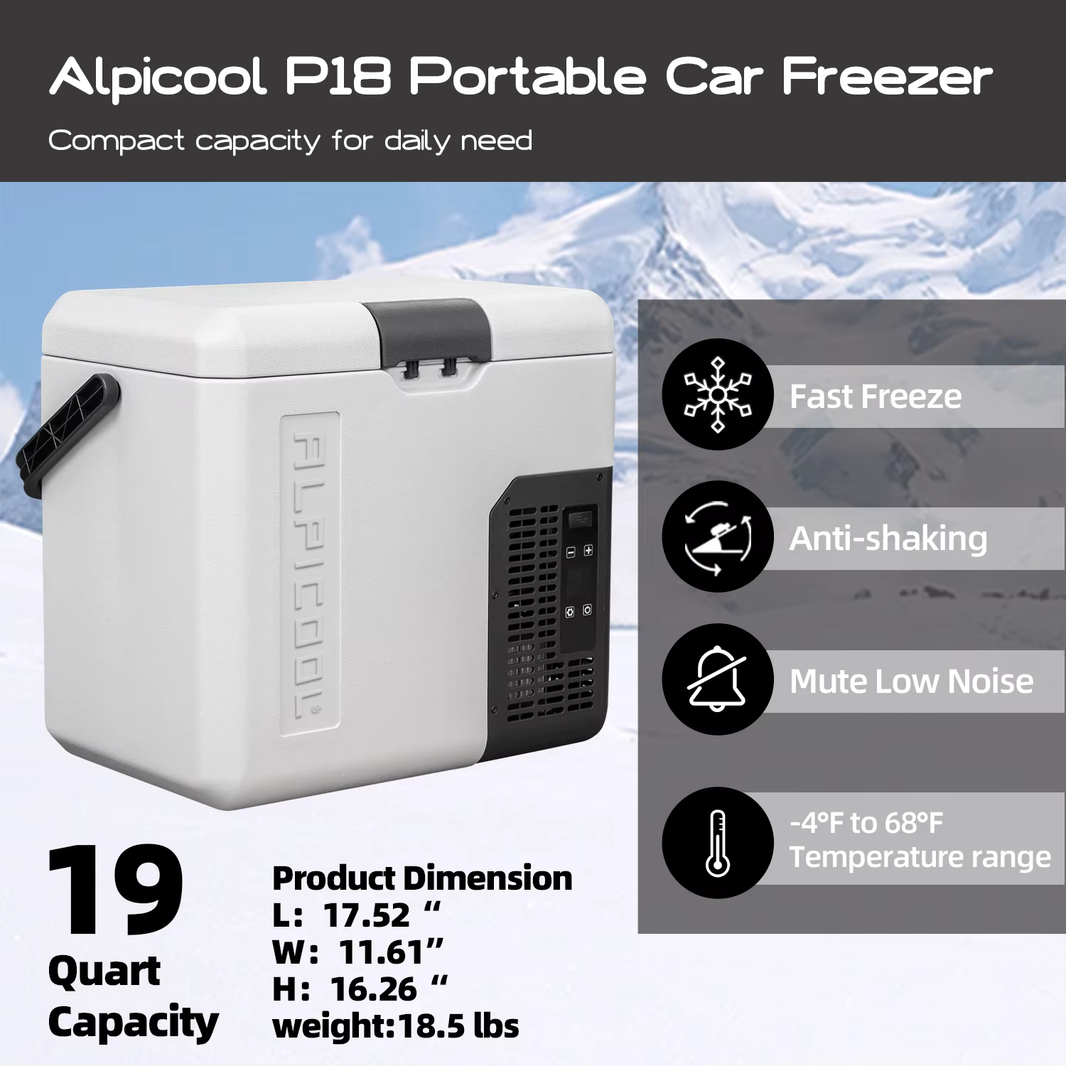 Alpicool P18 Portable Fridge 12 Volt Car Refrigerator 19 Quart Freezer for Fishing, Camping, RV, Truck, Boat-12/24V DC — image 3