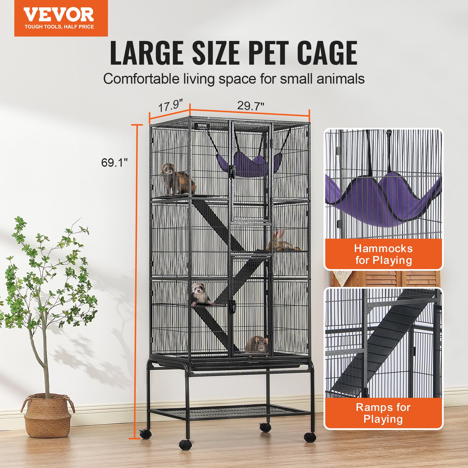 69' Metal Small Animal Cage 4-Tier Rolling Ferret Cage With Tray 3 Ramps — image 3