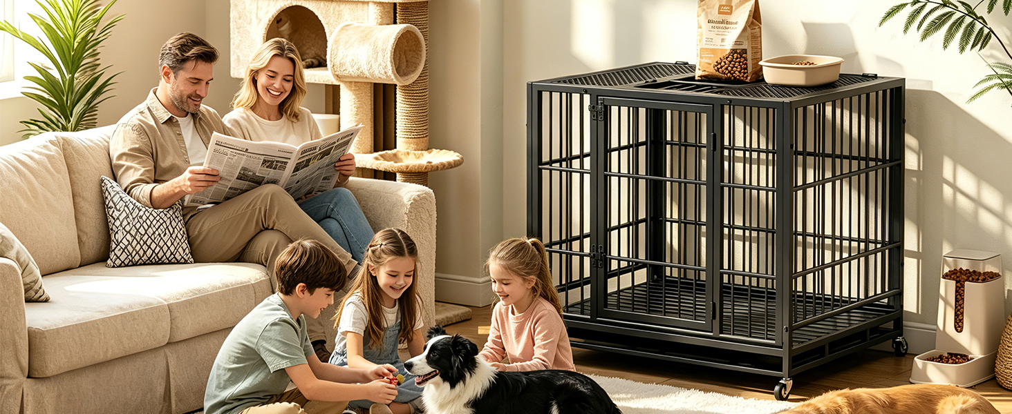 Heavy Duty Dog Crate, Mobile Pet Kennel with Lockable Wheels & Rotary Twist-Latch, Indoor Outdoor Metal Cage with Perforated Top — image 6