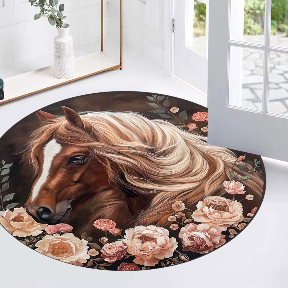 Flower and Horse Pattern Round Area Rug, Non Slip Decorative Floor Mat for Living Room and Bedroom, Ideal Home Decor Gift — image 3