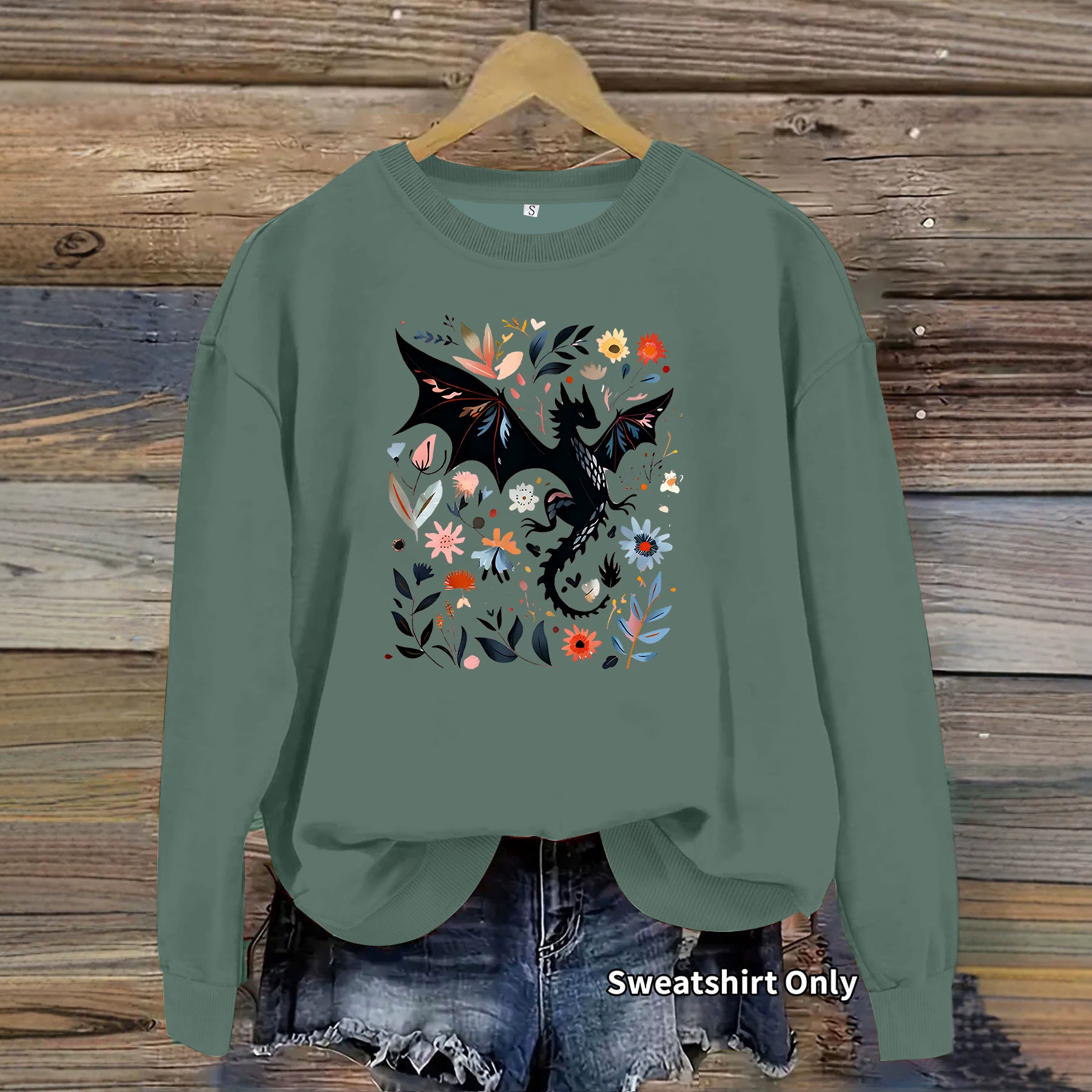 Dragon pattern and floral print round neck fleece hoodie — image 3